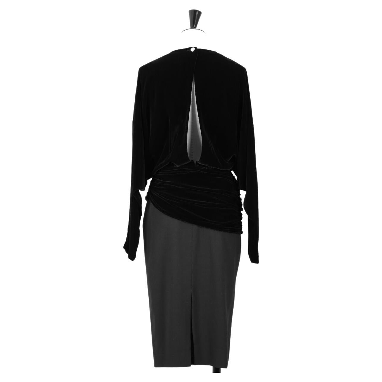 Louis Féraud 1980s Black Velvet And Wool Cocktail Dress With Rhinestone Buttons For Sale