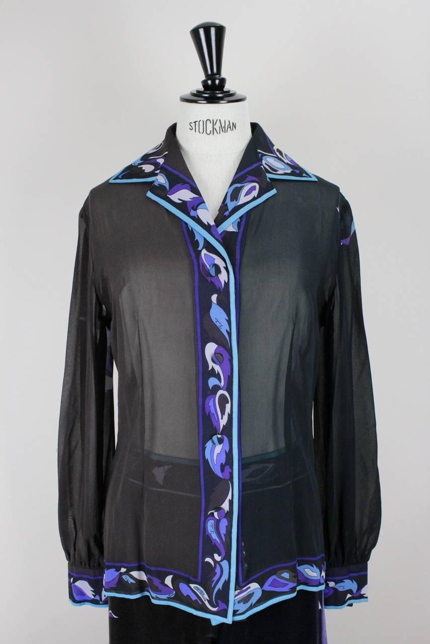 Women's Emilio Pucci 1971 “Rosa“ Print Black Brown Blue Silk Blouse & Velvet Pants Set For Sale