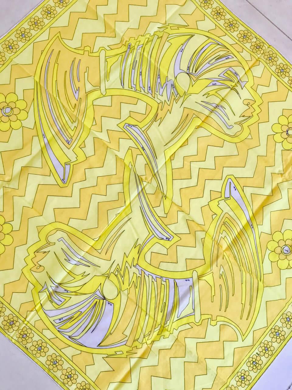 Women's or Men's 1970s Emilio Pucci Large Vivid Yellow African Design Print Cotton Scarf