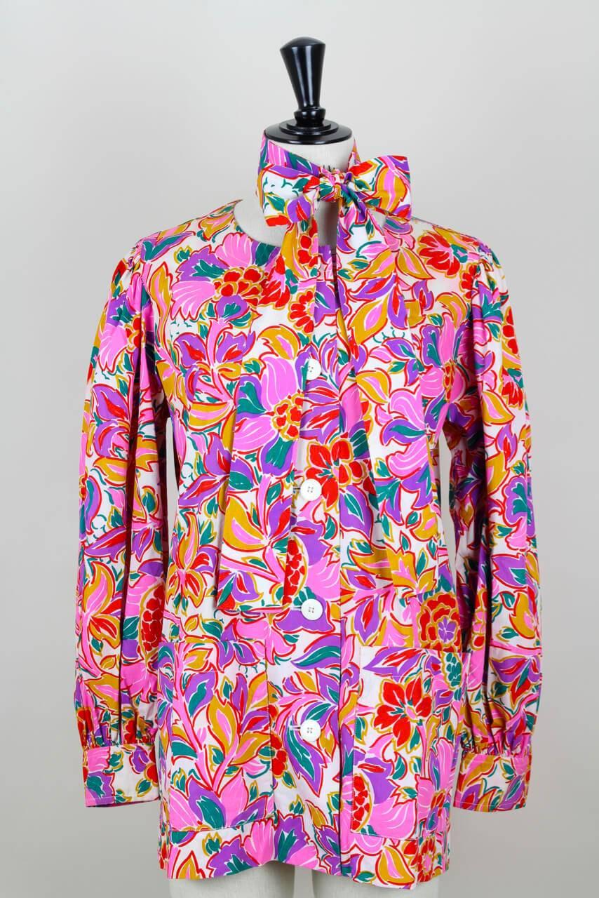 Yves Saint Laurent YSL Colorful Floral Print Tunic Blouse With Belt, 1980s   In Excellent Condition In Munich, DE