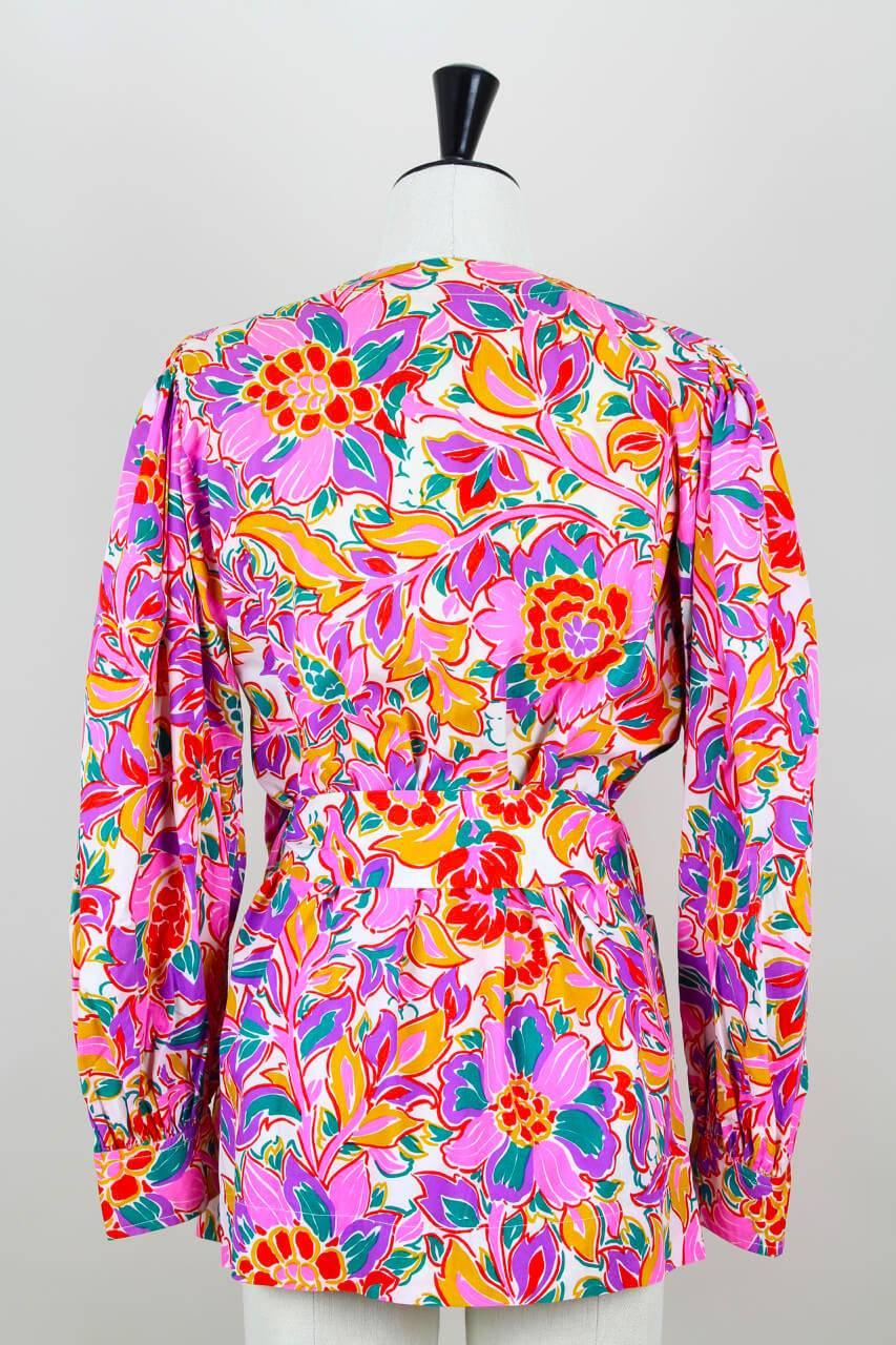 Pink Yves Saint Laurent YSL Colorful Floral Print Tunic Blouse With Belt, 1980s  