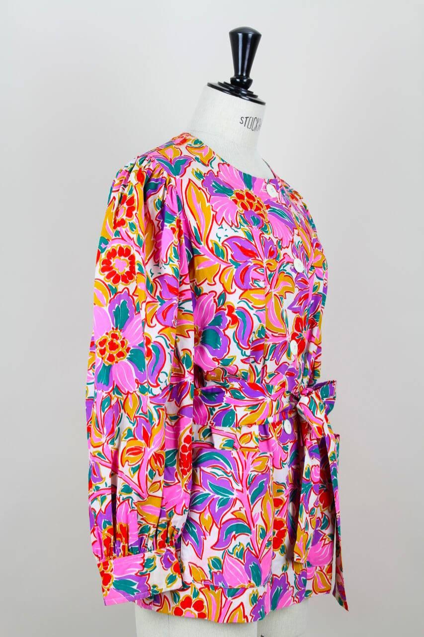 Women's Yves Saint Laurent YSL Colorful Floral Print Tunic Blouse With Belt, 1980s  