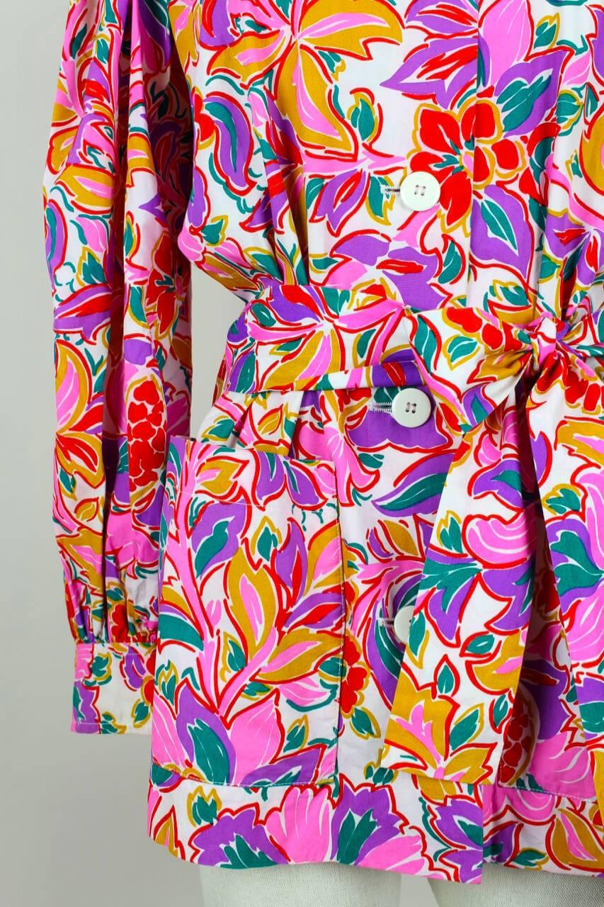 Yves Saint Laurent YSL Colorful Floral Print Tunic Blouse With Belt, 1980s   1