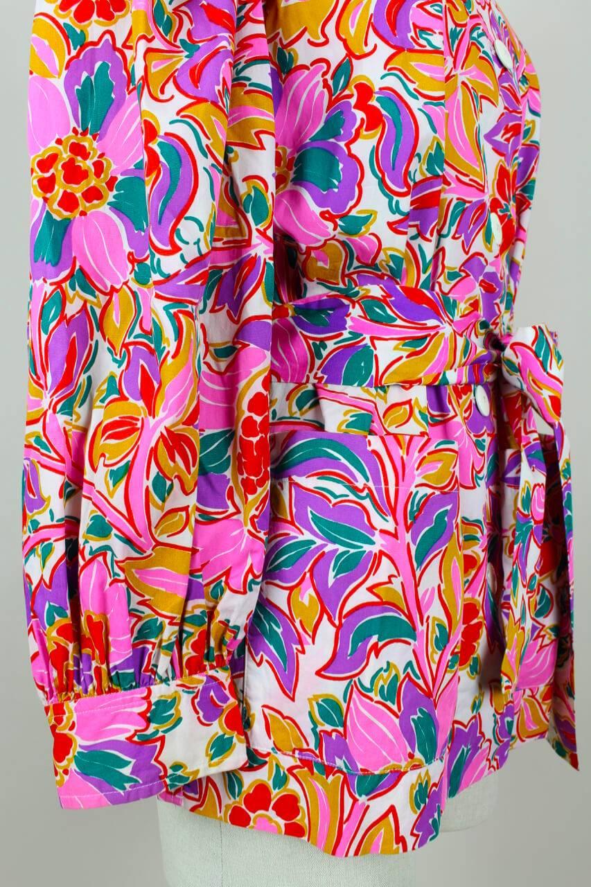 Yves Saint Laurent YSL Colorful Floral Print Tunic Blouse With Belt, 1980s   2