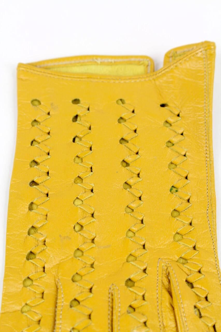 Yellow Punched & Woven Vintage Smooth Leather Gloves 1
