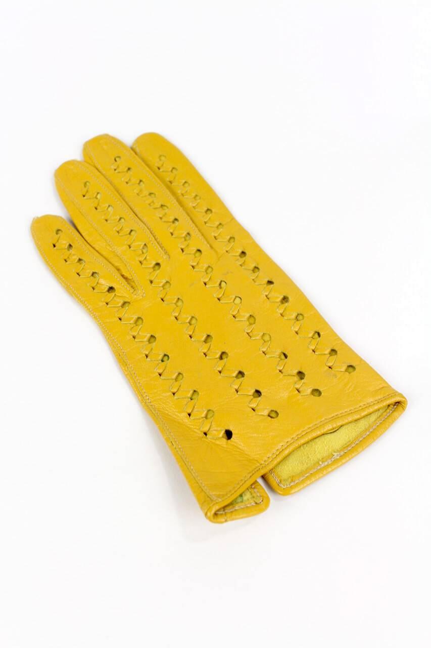 Women's Yellow Punched & Woven Vintage Smooth Leather Gloves