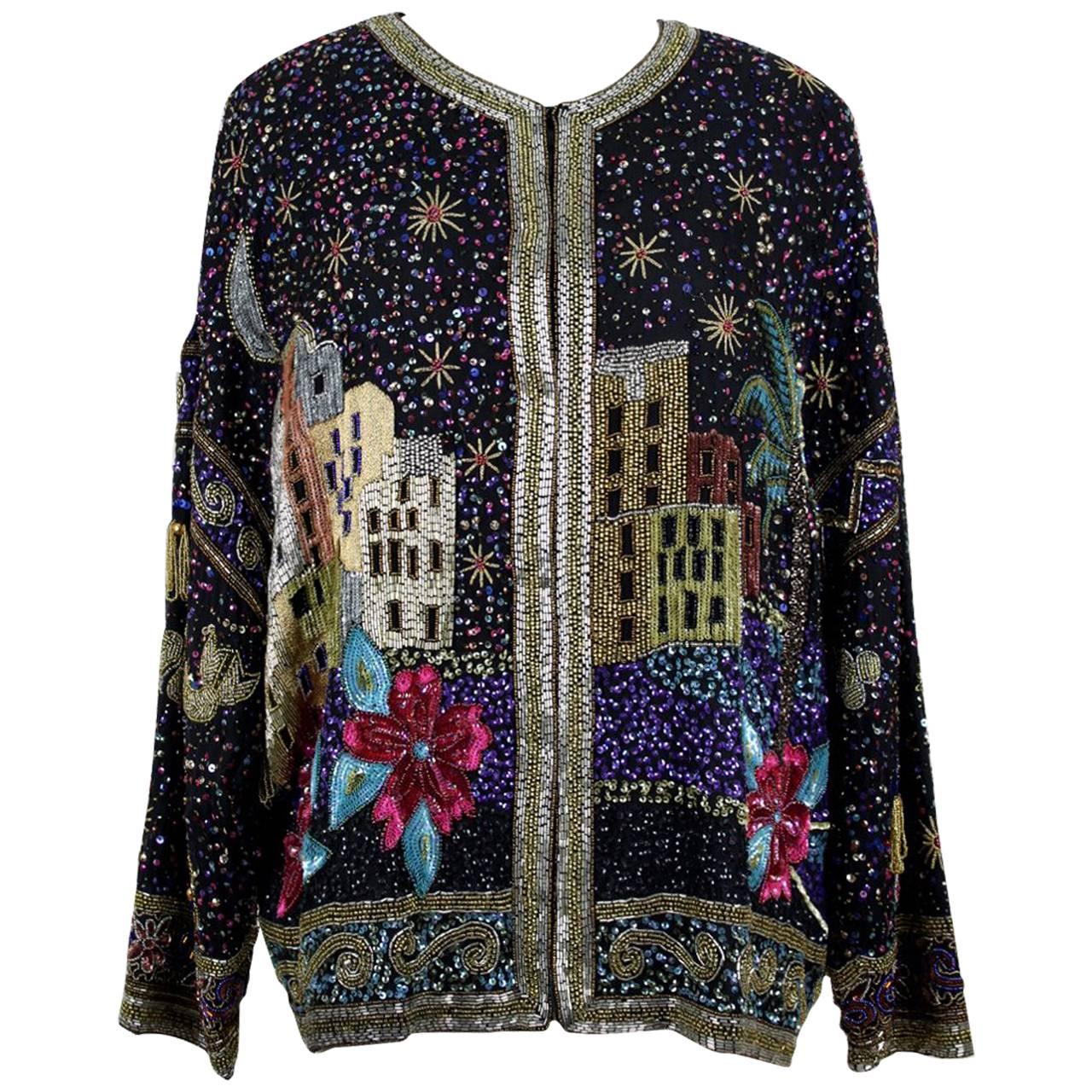 Laurence Kazar The Arabian Nights Sequined And Beaded Silk Evening Jacket, 1980s