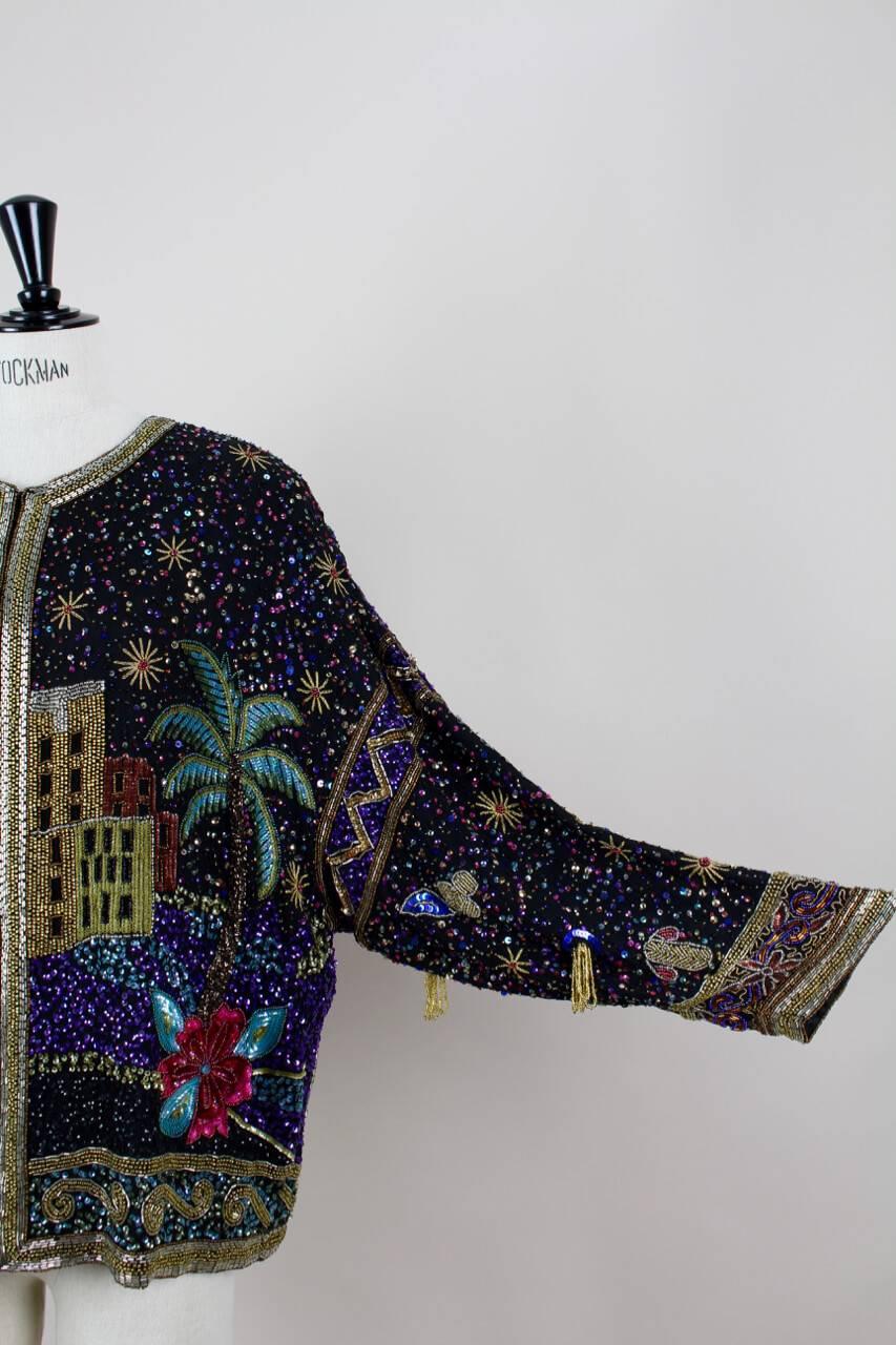 Black Laurence Kazar The Arabian Nights Sequined And Beaded Silk Evening Jacket, 1980s