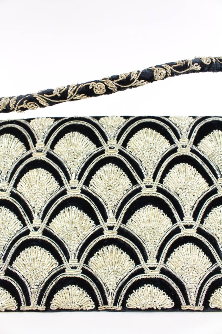 Zardozi Silver Thread Embroidered Black Velvet and Satin Evening Bag, c 1960s 1