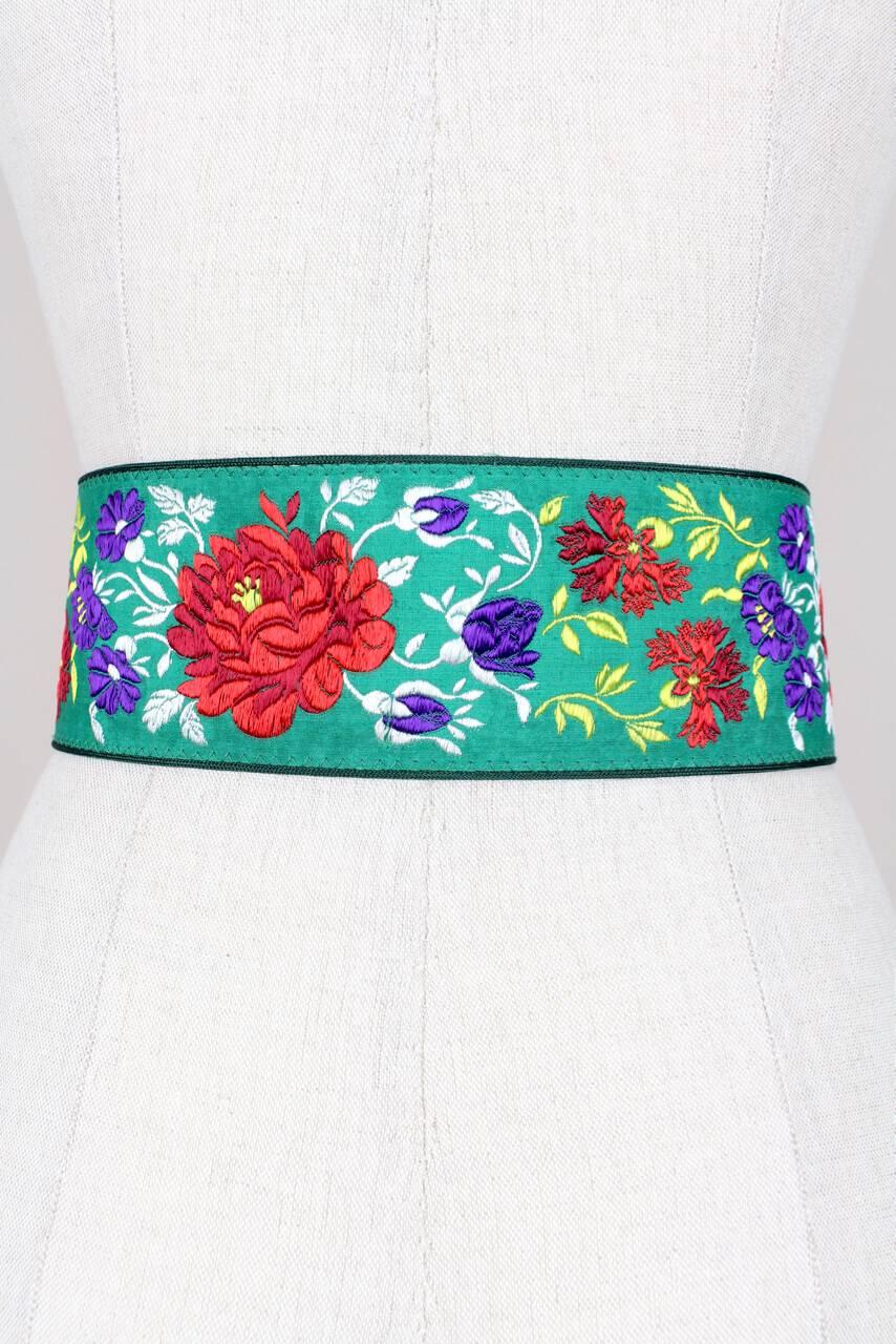 Women's 1980s Georges Rech Embroidered Floral Green Suede & Viscose Waist Belt