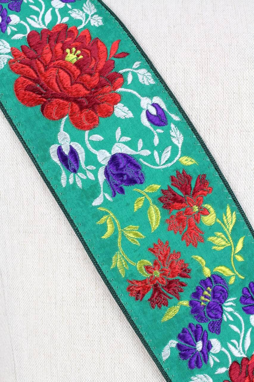 1980s Georges Rech Embroidered Floral Green Suede & Viscose Waist Belt 1