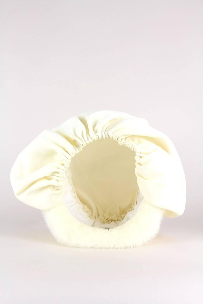 Custom-Made 1950s Ivory Bonnet-Style Hat With Mink Fur Trim 1