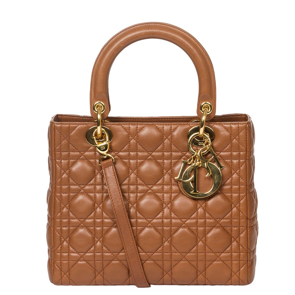 Dior Lady MM Honey Brown Cannage Leather For Sale