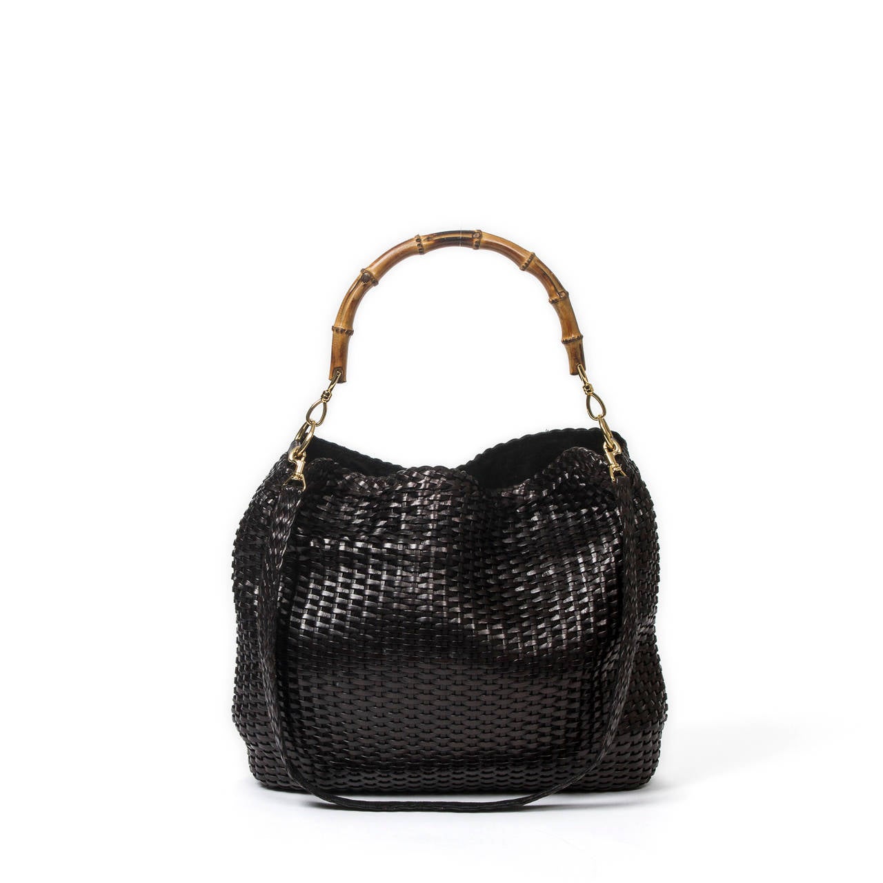 Gucci Bamboo Handbag Black Woven Leather For Sale 1