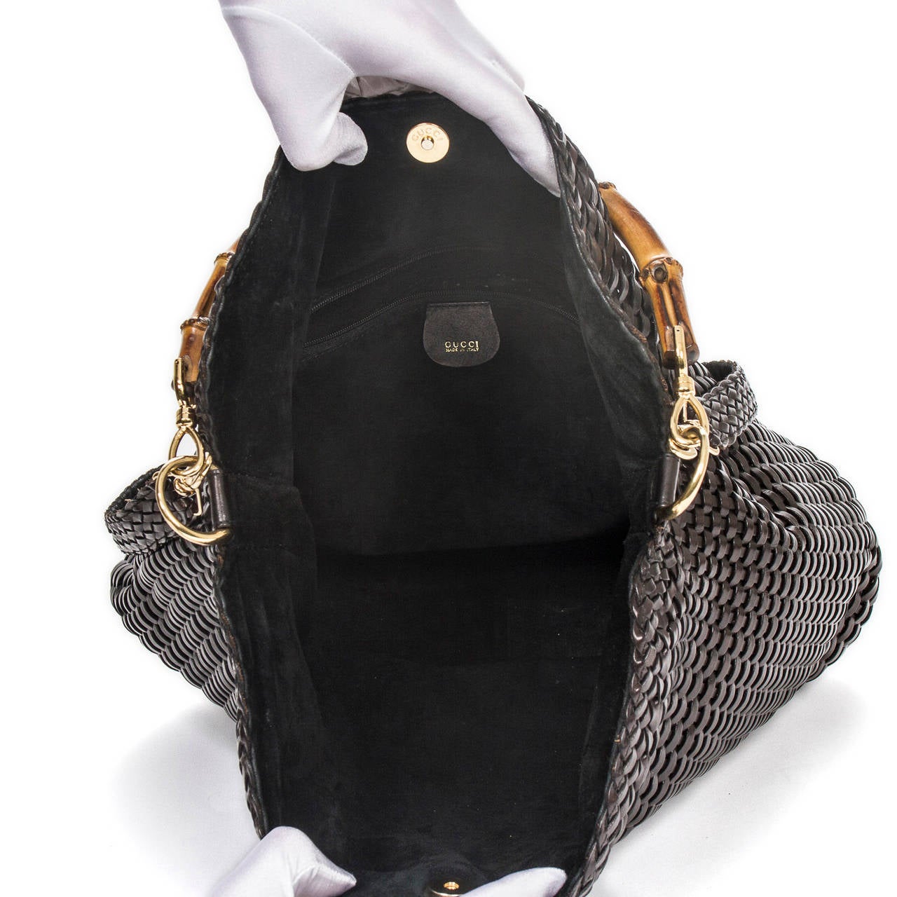 Gucci Bamboo Handbag Black Woven Leather For Sale 2