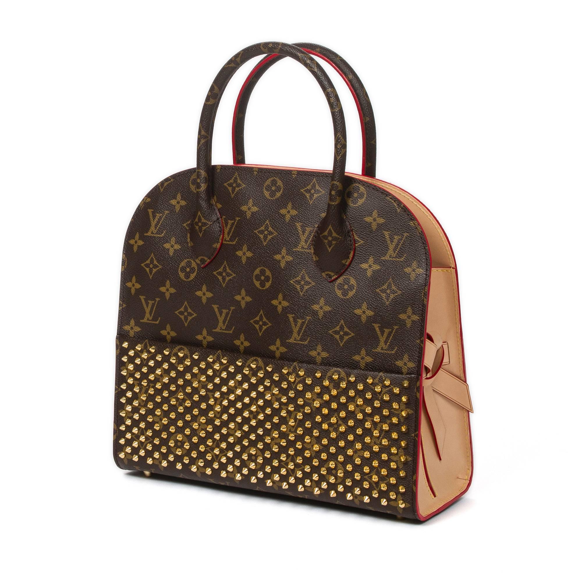 Louis Vuitton's 160th anniversary celebration Iconoclast Collection. Shopping bag by Christian Louboutin in monogram canvas with gold tone studded front slip pocket, red pony hair back side and vachetta leather sides adorned with a bow. Vachetta