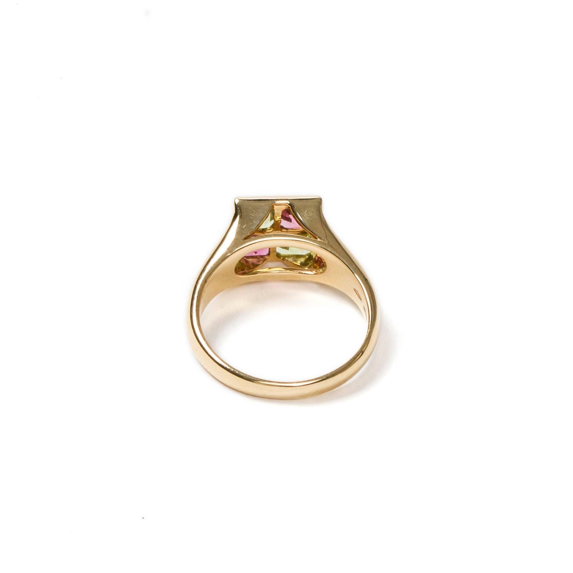 Women's Square Peridot And Pink Tourmaline Yellow Gold Ring