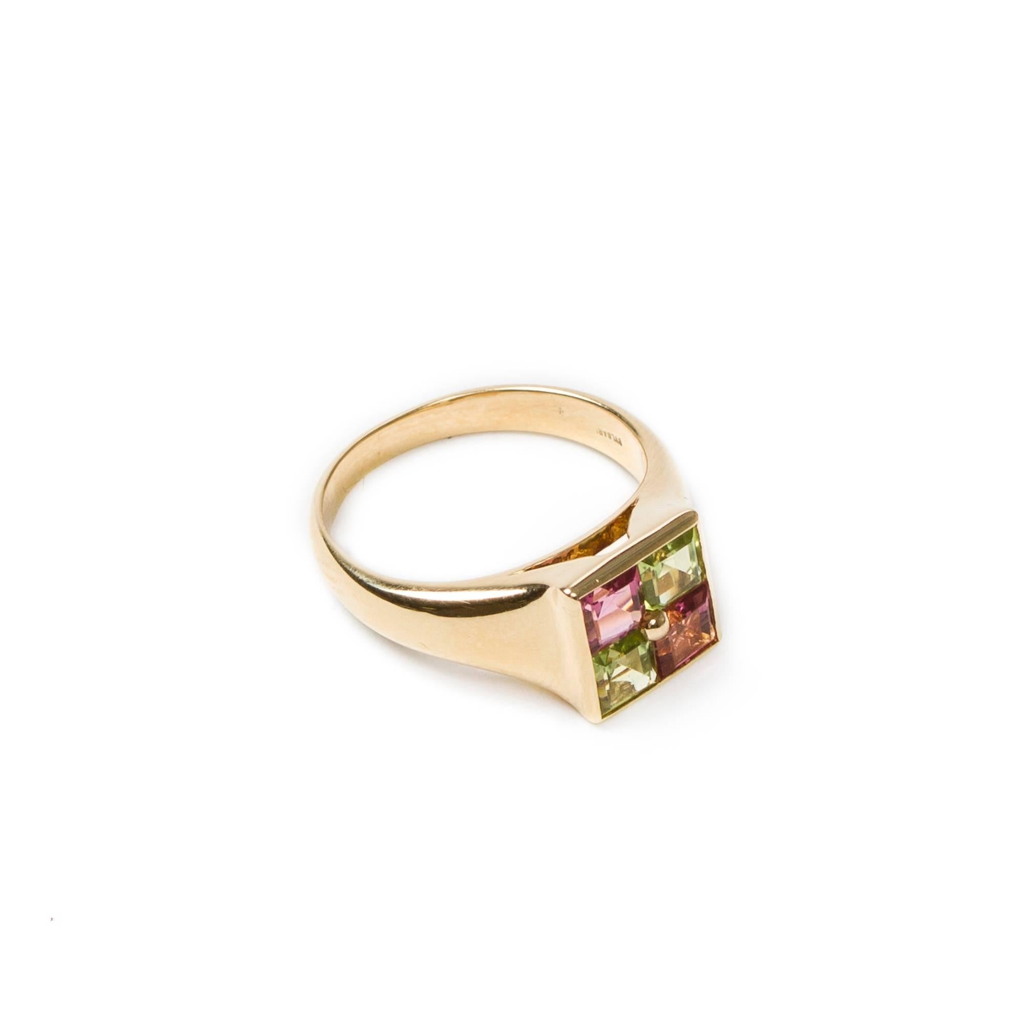 Square Peridot And Pink Tourmaline Yellow Gold Ring In Excellent Condition In Dublin, IE