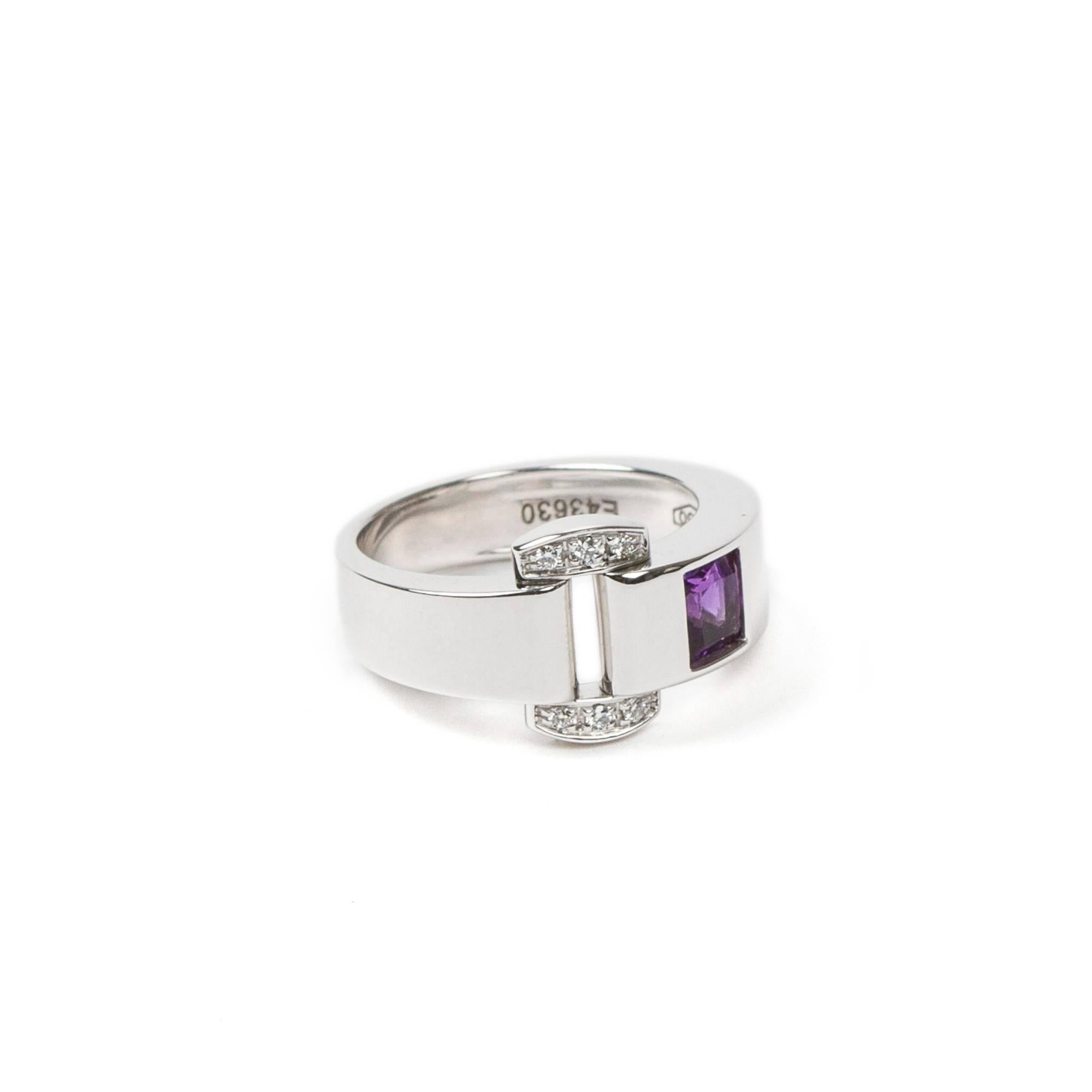 Miss Protocole ring in 750 white gold with princess cut amethyst and paved diamonds. Hallmarks inside of the ring 