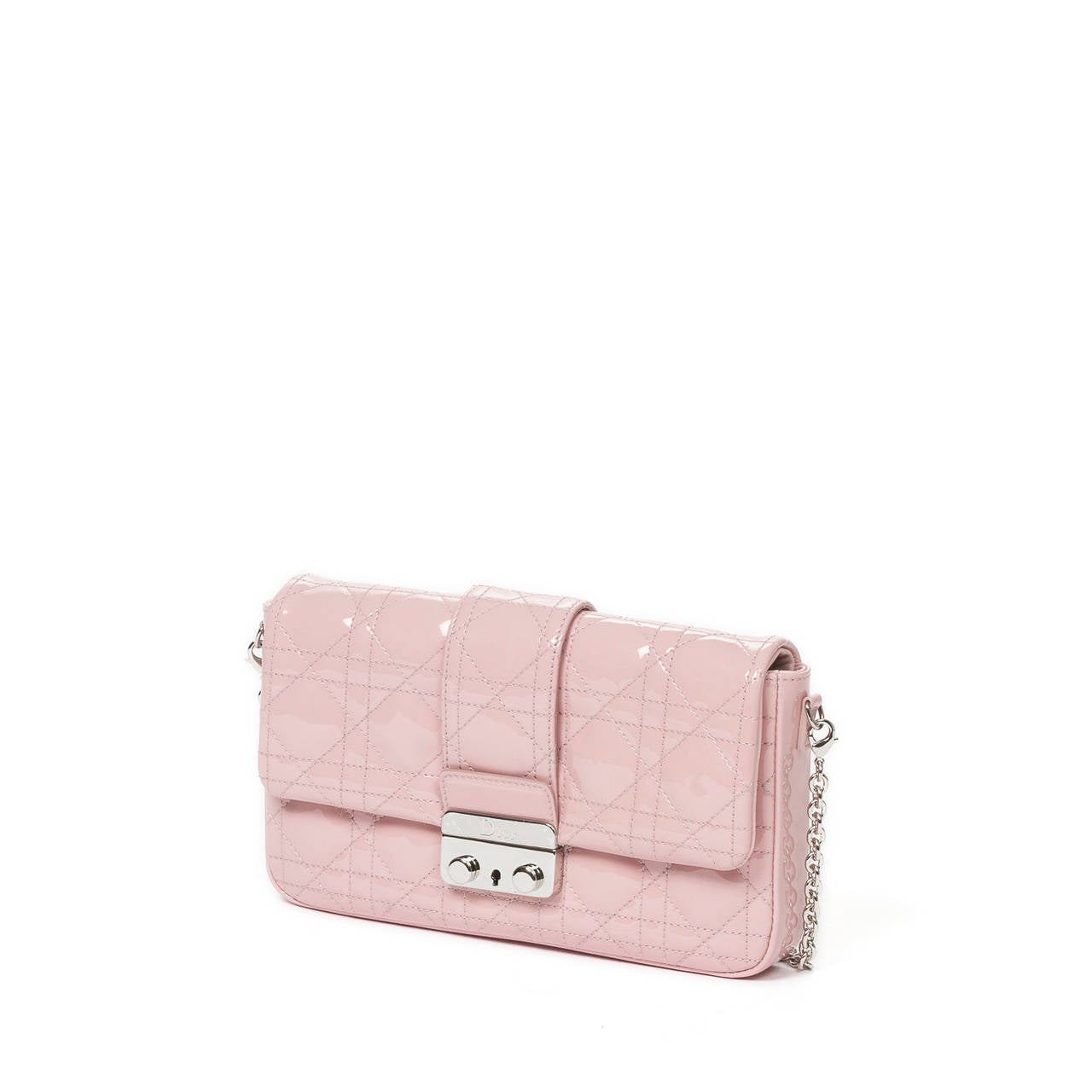 Miss Dior pouch in light pink cannage patent leather with long silver tone chain strap. Light pink leather interior with slip pocket and 6 credit card compartments. Dustbag included. Brand new condition.