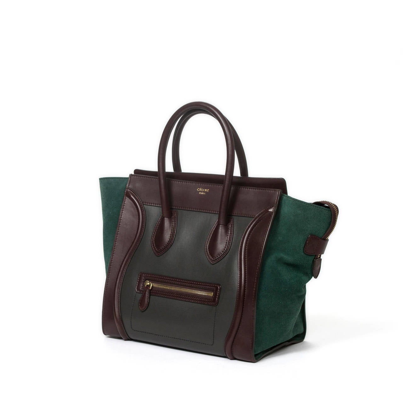 Céline Luggage MM tricolor in mahogany, grey leather and green suede sides, gold tone hardware. Zipper closure, black leather lined interior with 2 slip pockets and one zip pocket. Dustbag included. Slight scuffs on the leather at the corners.
