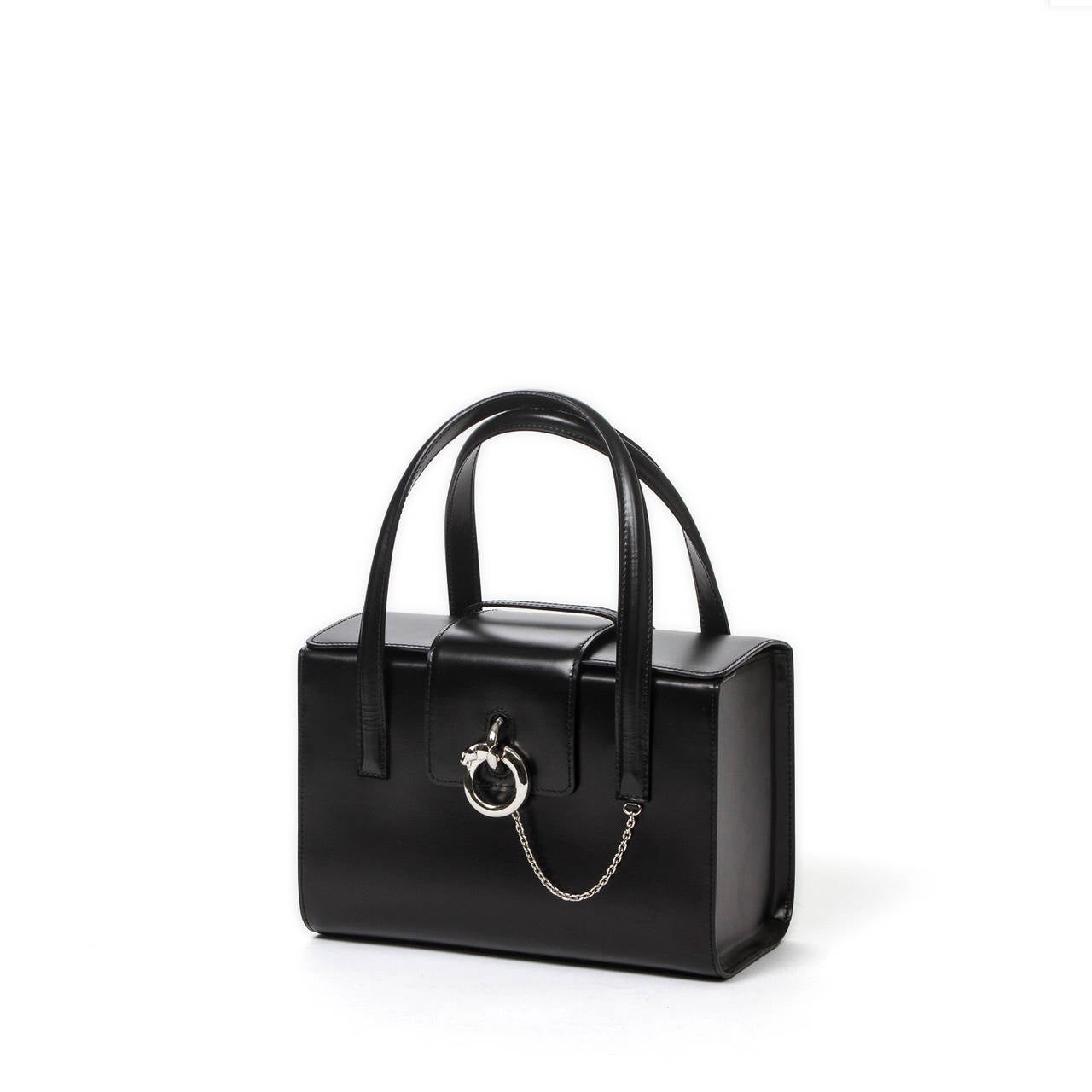 Cartier Box handbag in black leather with chain and leopard ring closure, silver tone hardware.
