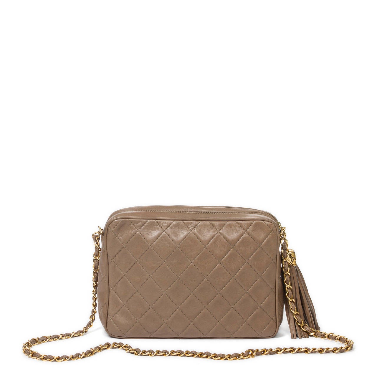 Chanel Vintage Shoulder Bag Taupe Leather For Sale 1