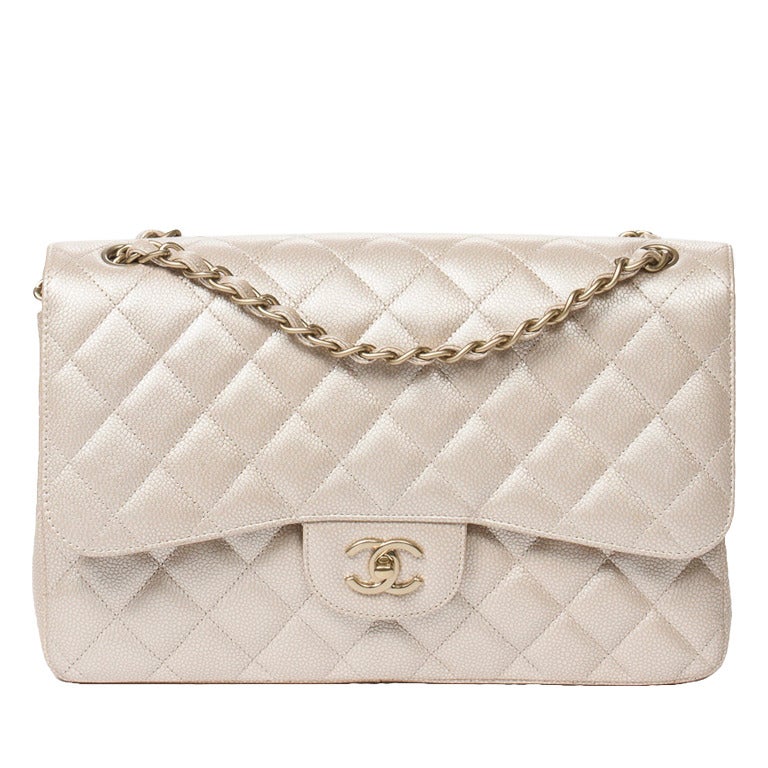 Chanel Jumbo Beige Pearlized Caviar Leather For Sale