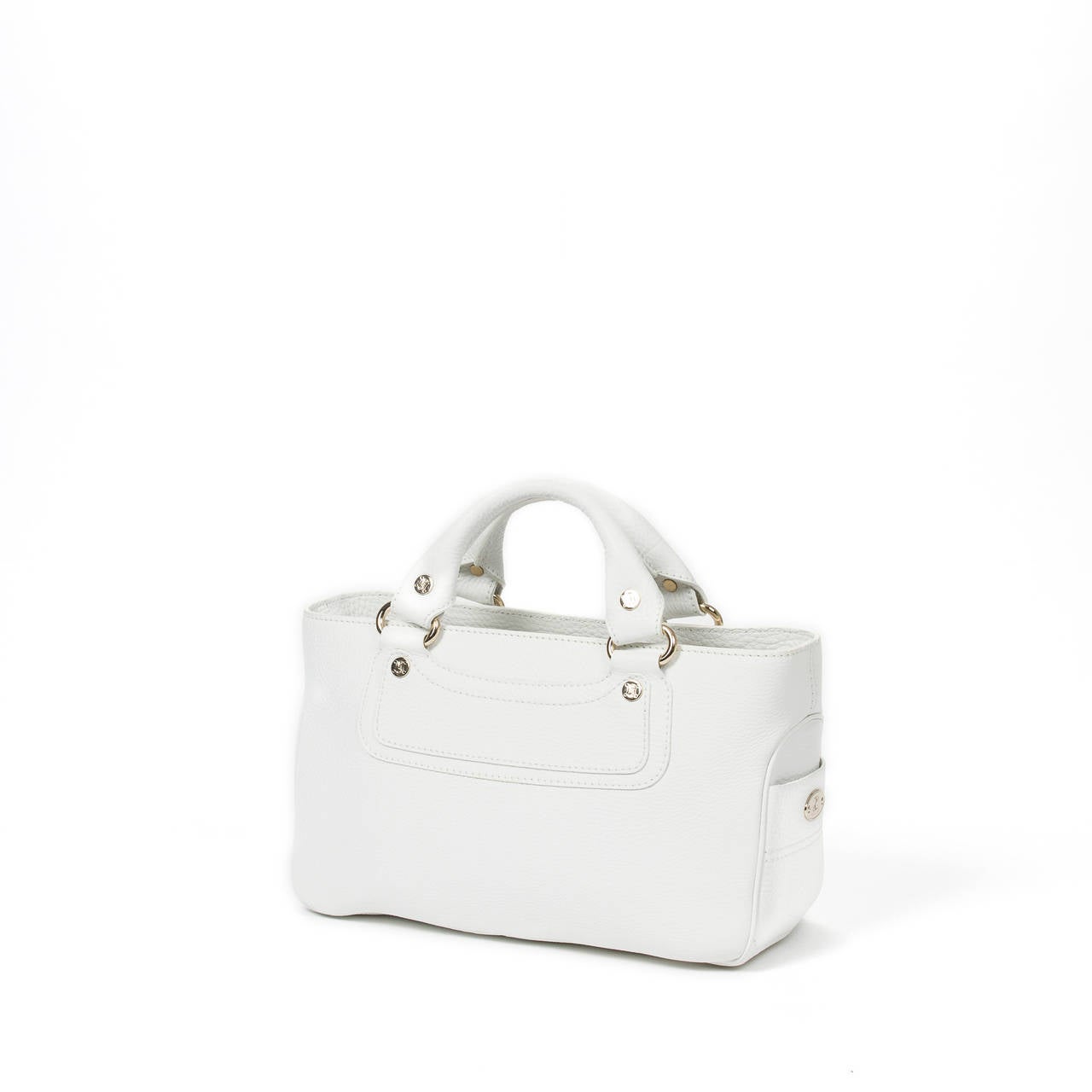 Celine Boogie Bag in white grained leather with gold tone hardware. Lined interior in white jacquard canvas with one zip and one slip pocket. Perfect condition.