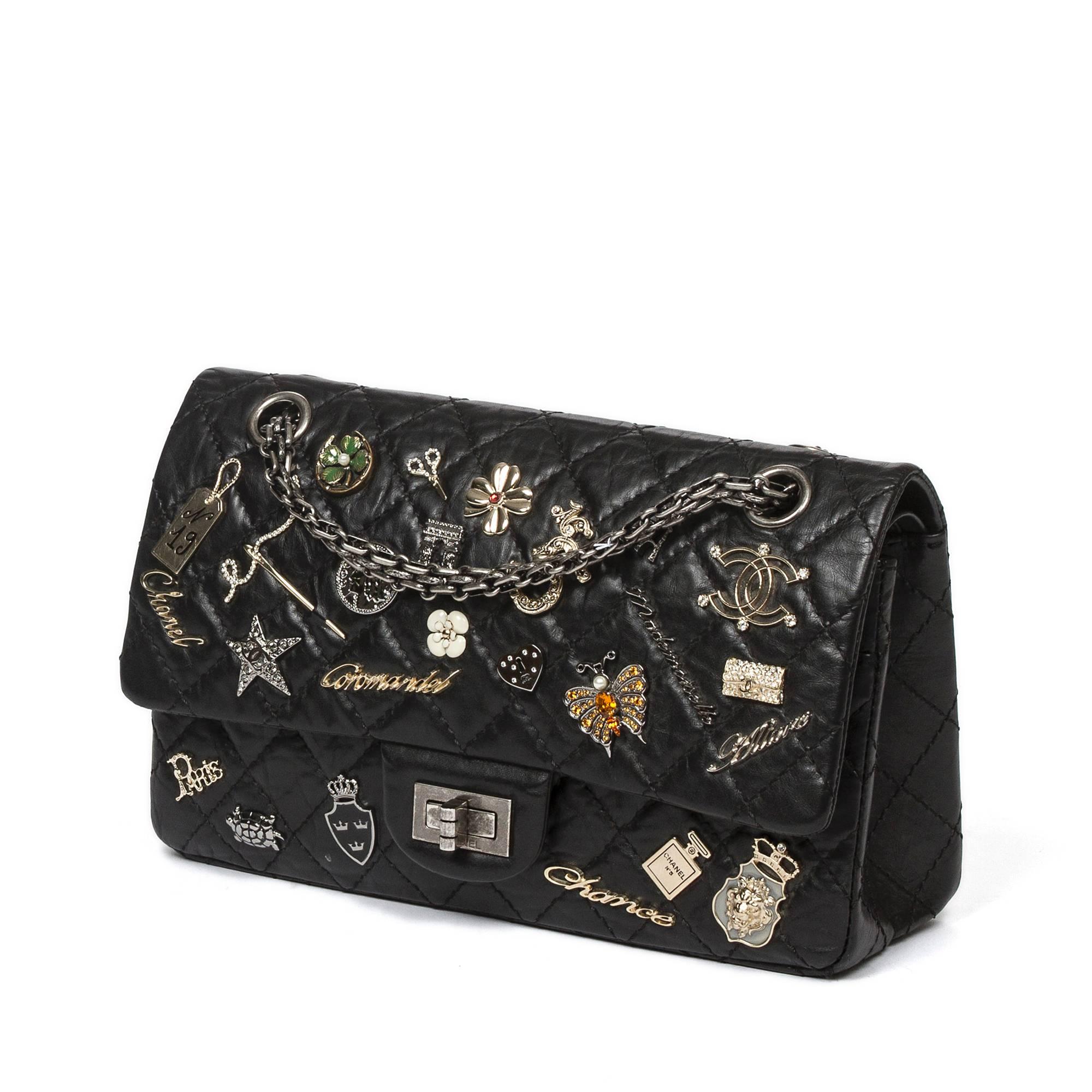 Limited Edition Paris-Bombay 2012 Pre-Fall Collection, Reissue 2.55 Lucky Charm handbag in black distressed leather with classic 