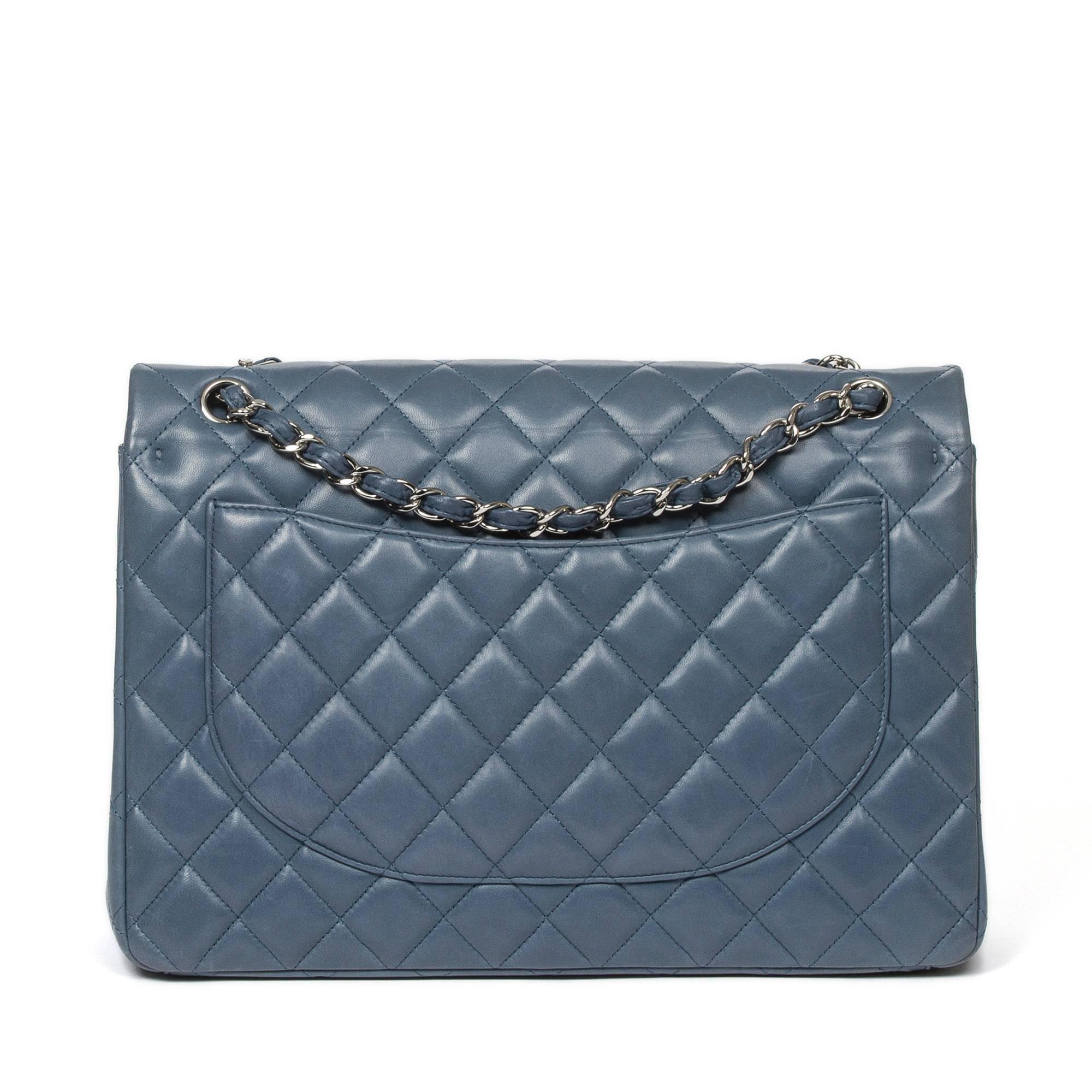 Women's Jumbo Double Flap Grey Blue Quilted Leather