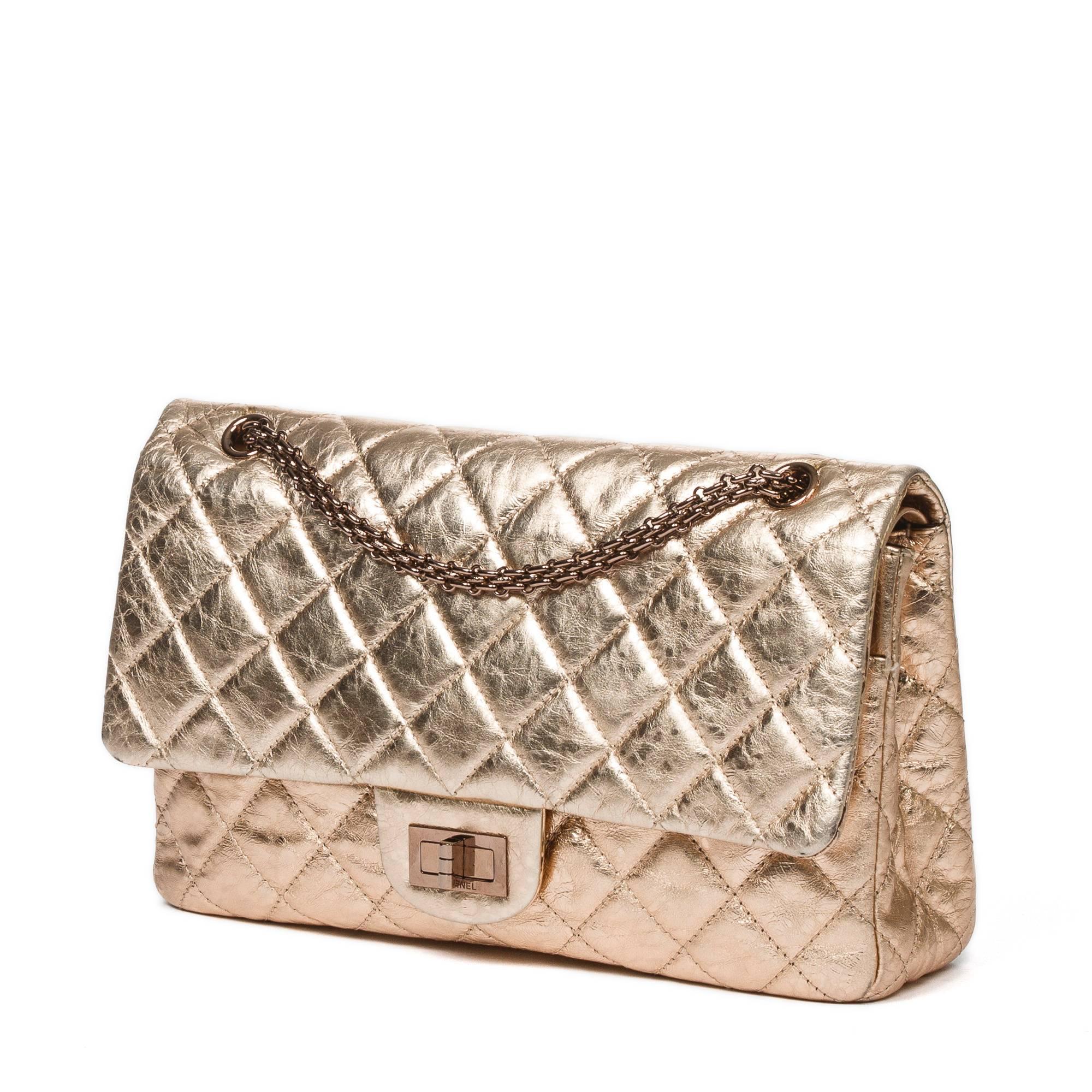 Reissue Jumbo Double Flap in pink gold quilted distressed calf leather with double chain strap and 