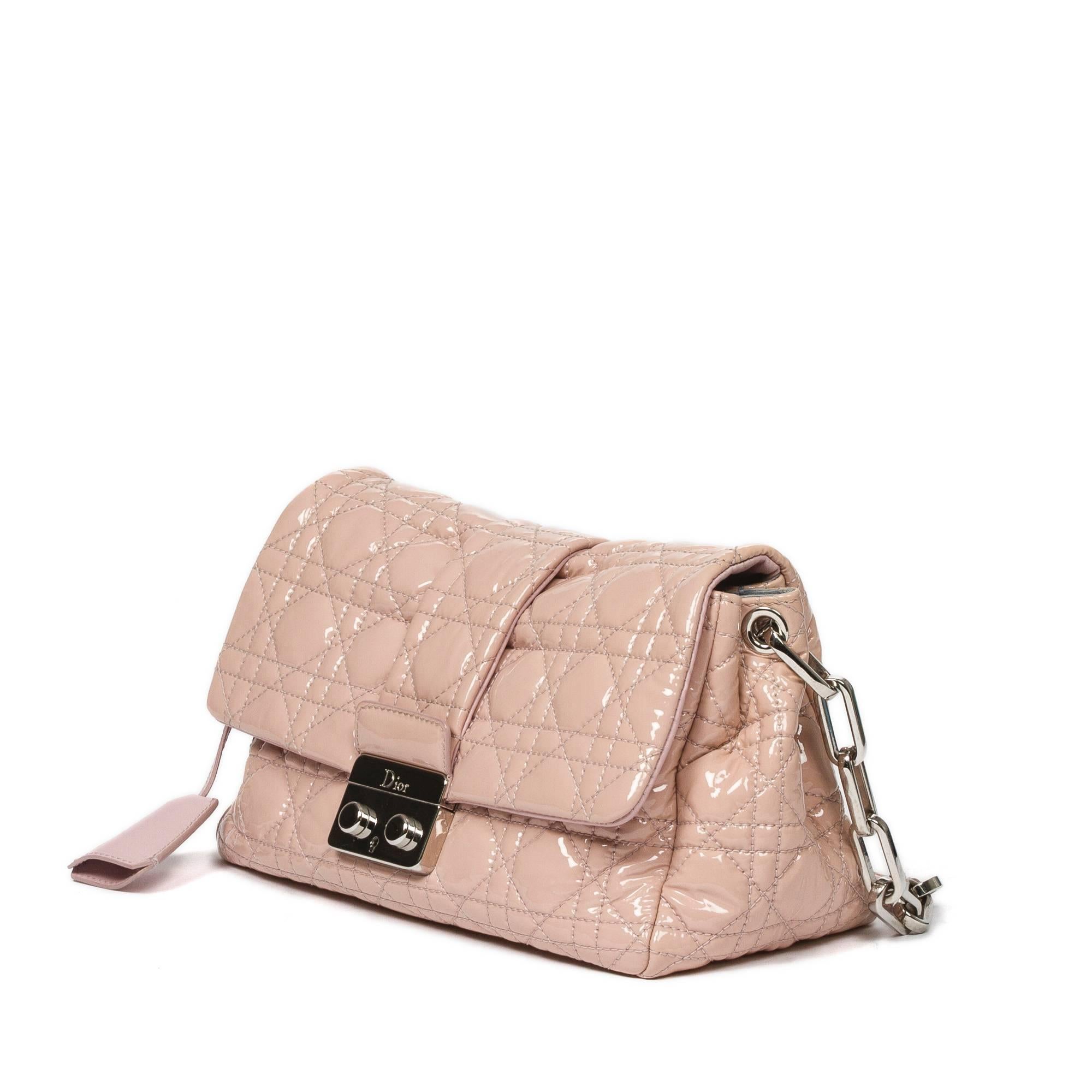 Miss Dior handbag in soft pink cannage patent leather with chain and leather strap, key in clochette, silver tone hardware. 