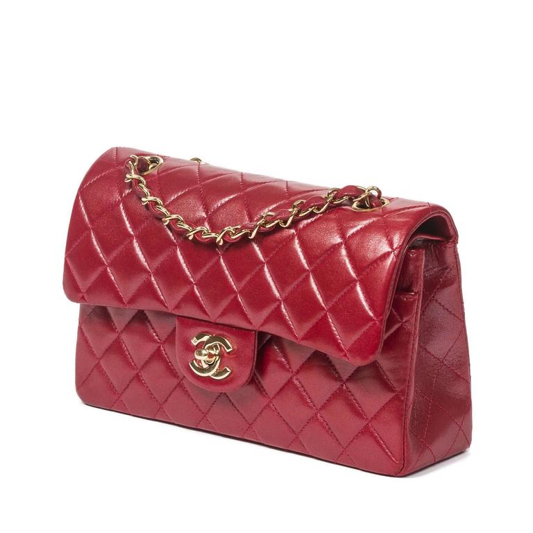 Classic Double Flap 23 Raspberry Red Metallic Quilted Leather at 1stDibs