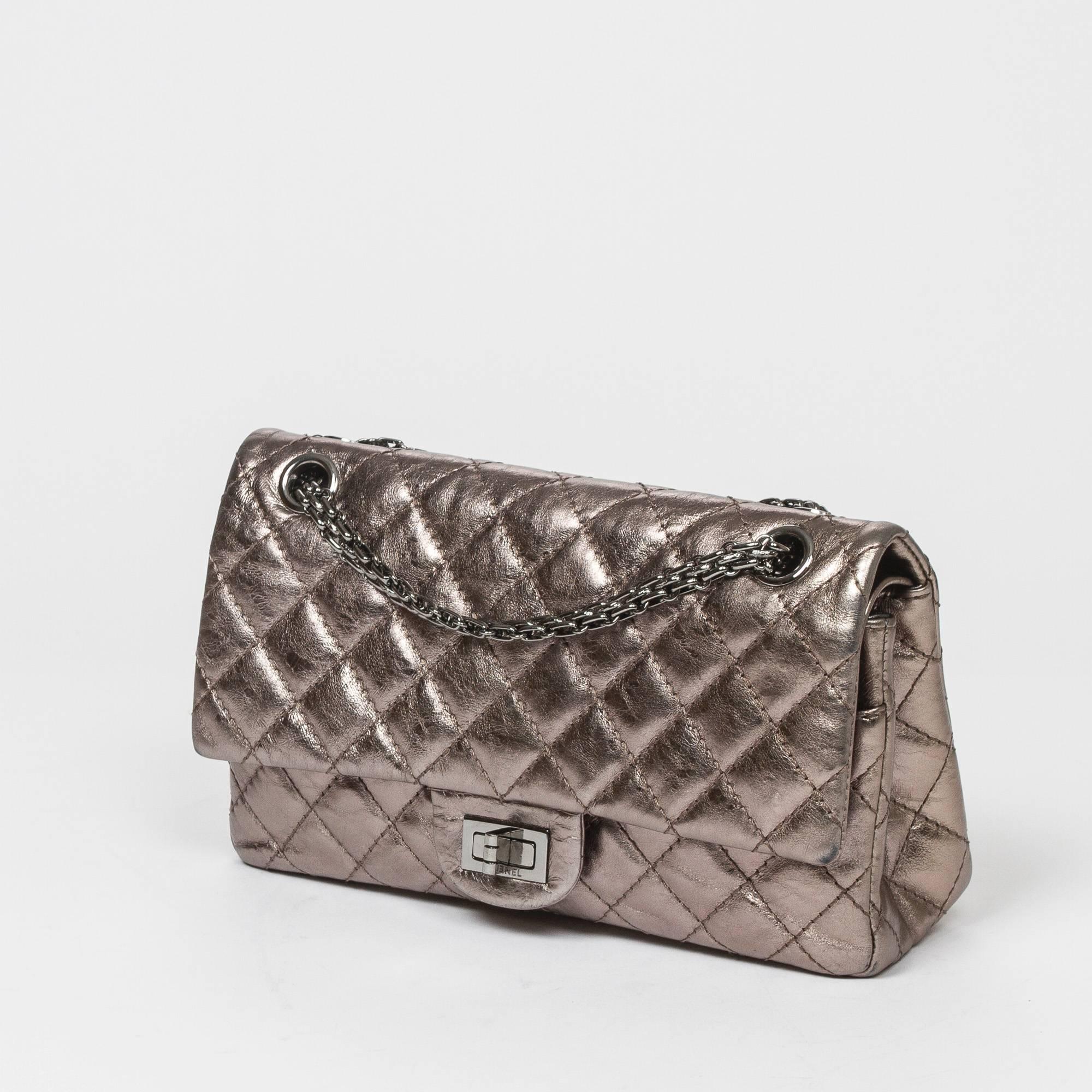 Classic 2.55 Reissue Double Flap Bag 23cm in quilted metallic silver distressed leather with double chain strap and 