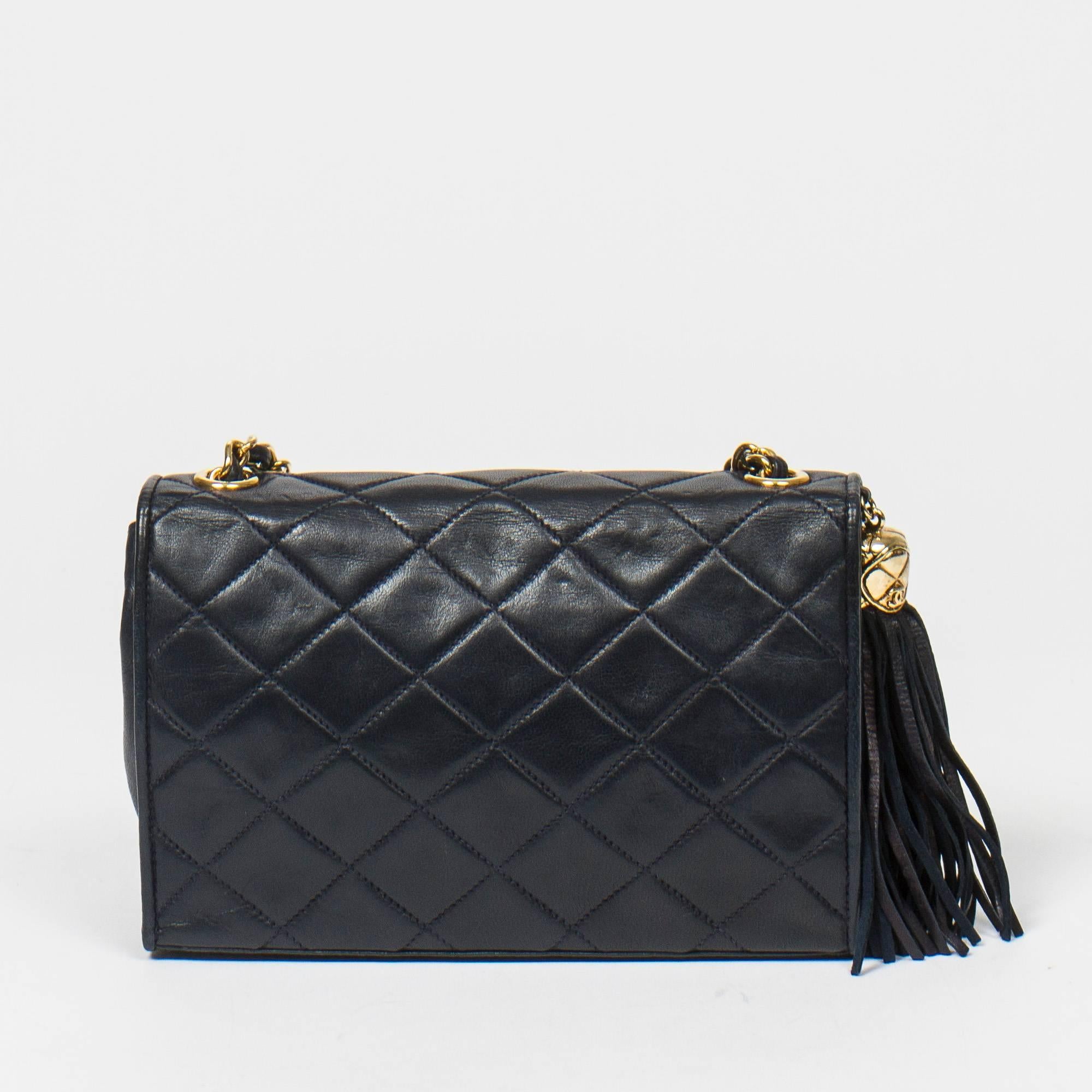 Women's Flap Tassel Bag Navy Quilted Leather