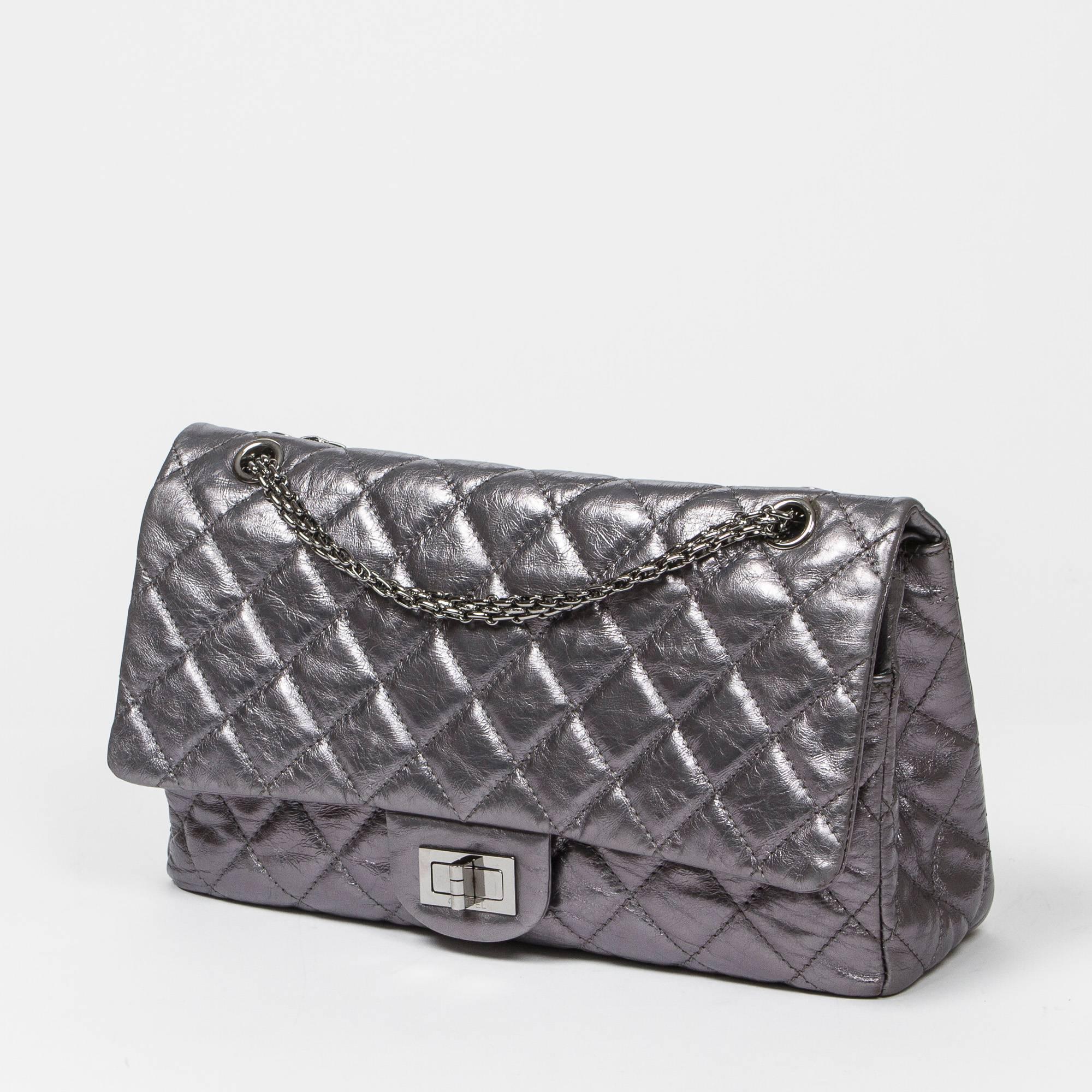 Reissue Jumbo Double Flap in metallic silver quilted distressed calf leather with double chain strap and 