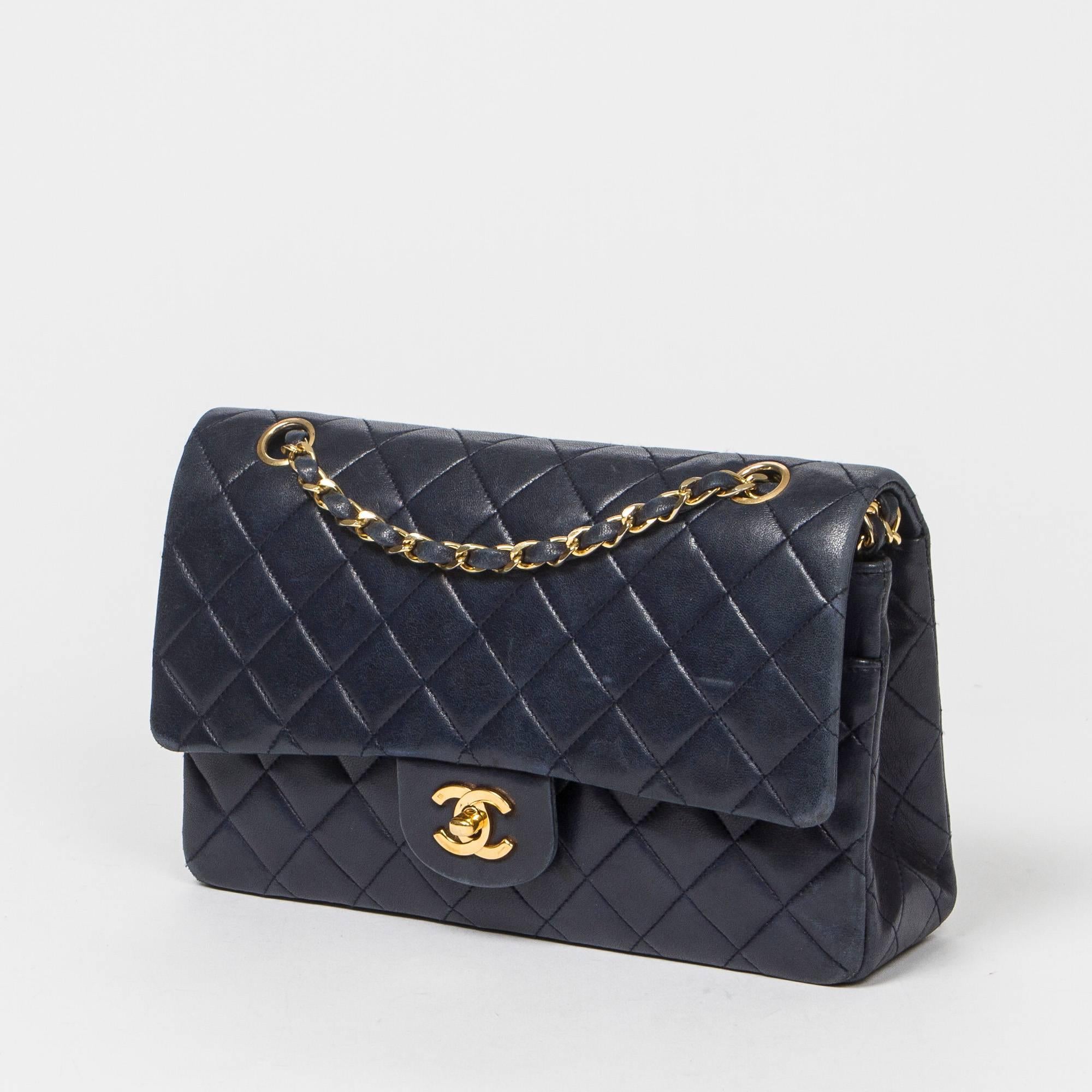 Timeless 26 Double flap in Blue Navy Quilted Leather with gold tone chain double strap interlaced with blue leather. Turnlock 