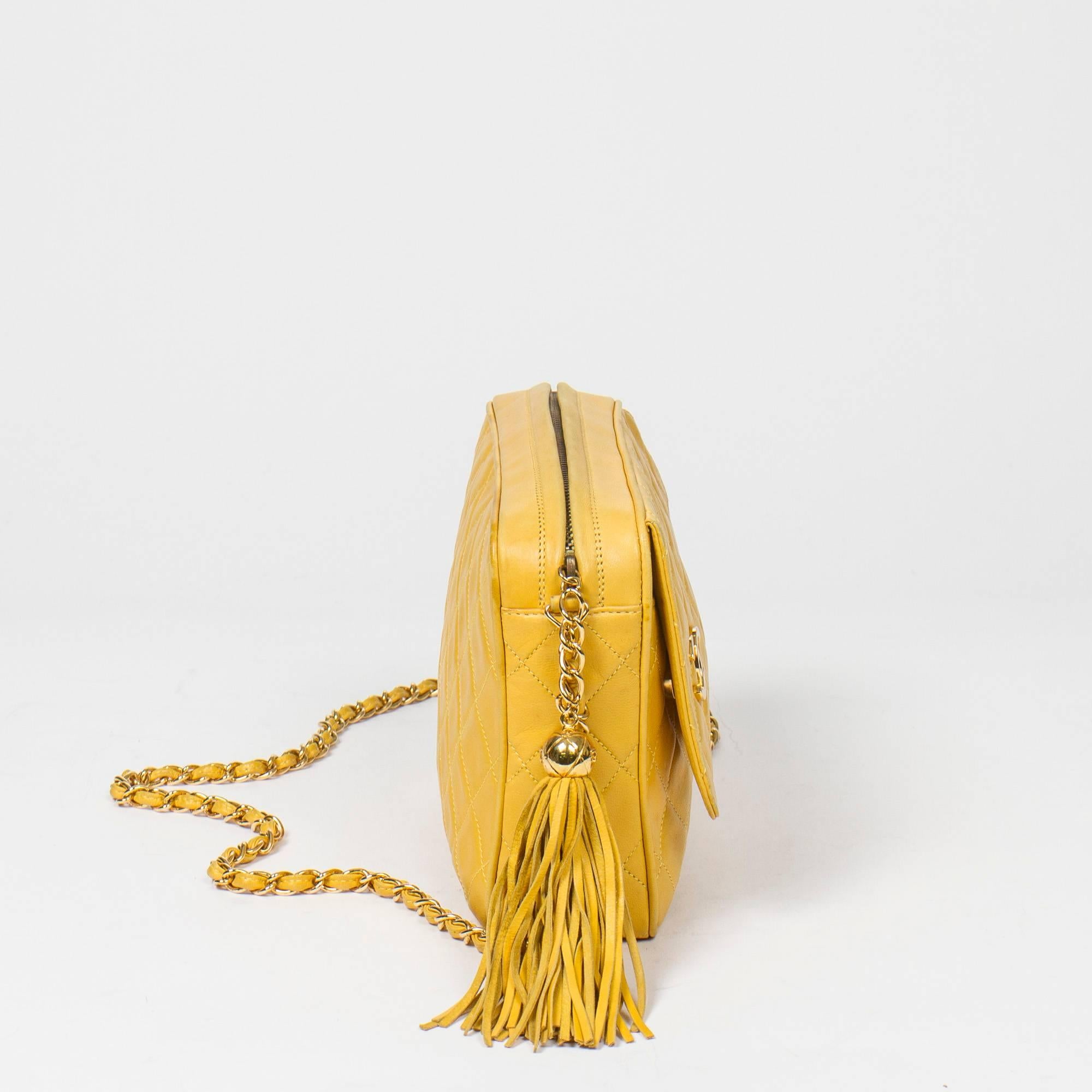 Women's Chanel Vintage Zip Tassel Yellow Leather Bag 