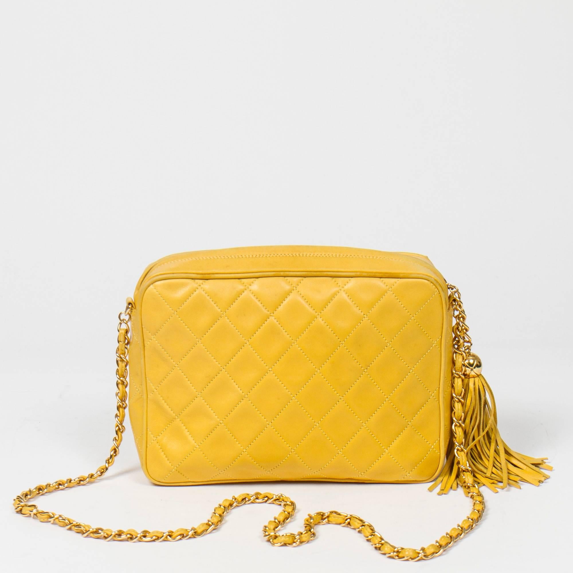 Chanel Vintage Zip Tassel Yellow Leather Bag  1