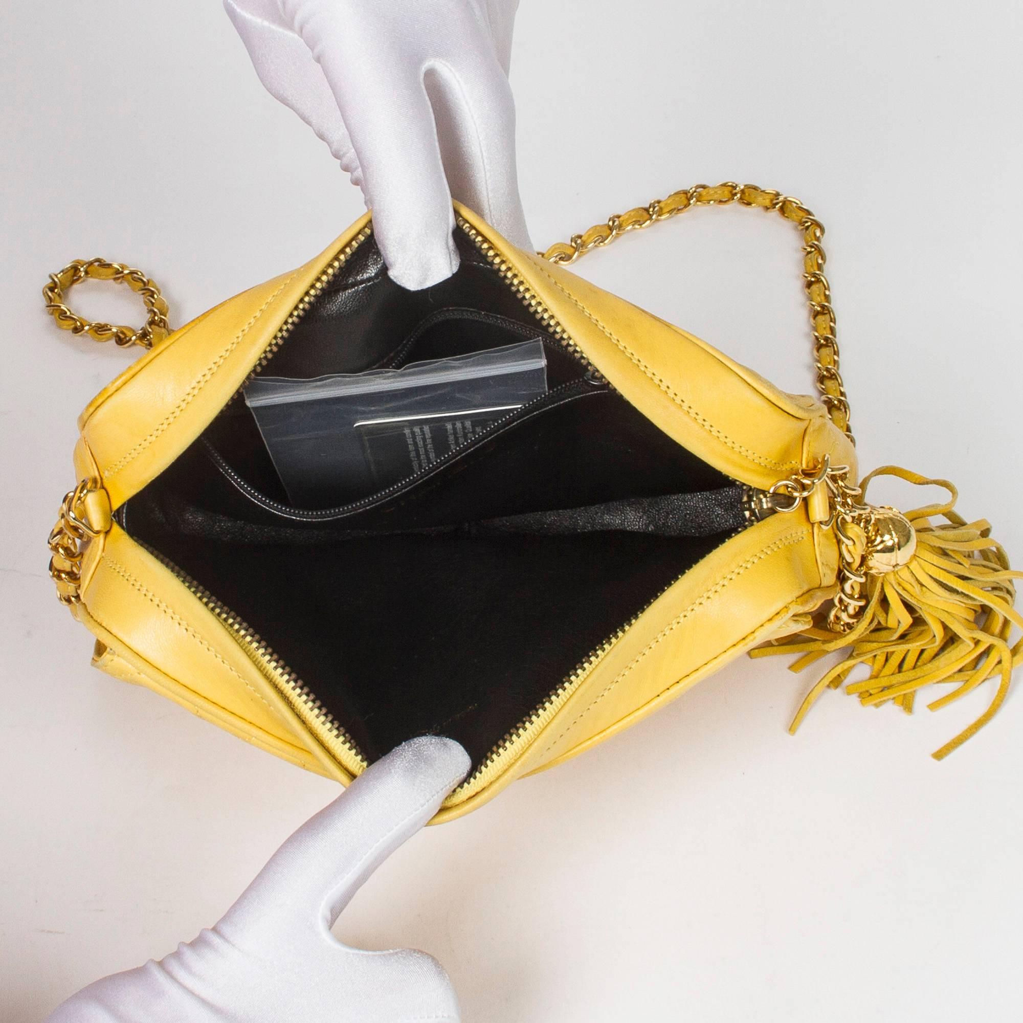 Chanel Vintage Zip Tassel Yellow Leather Bag  2