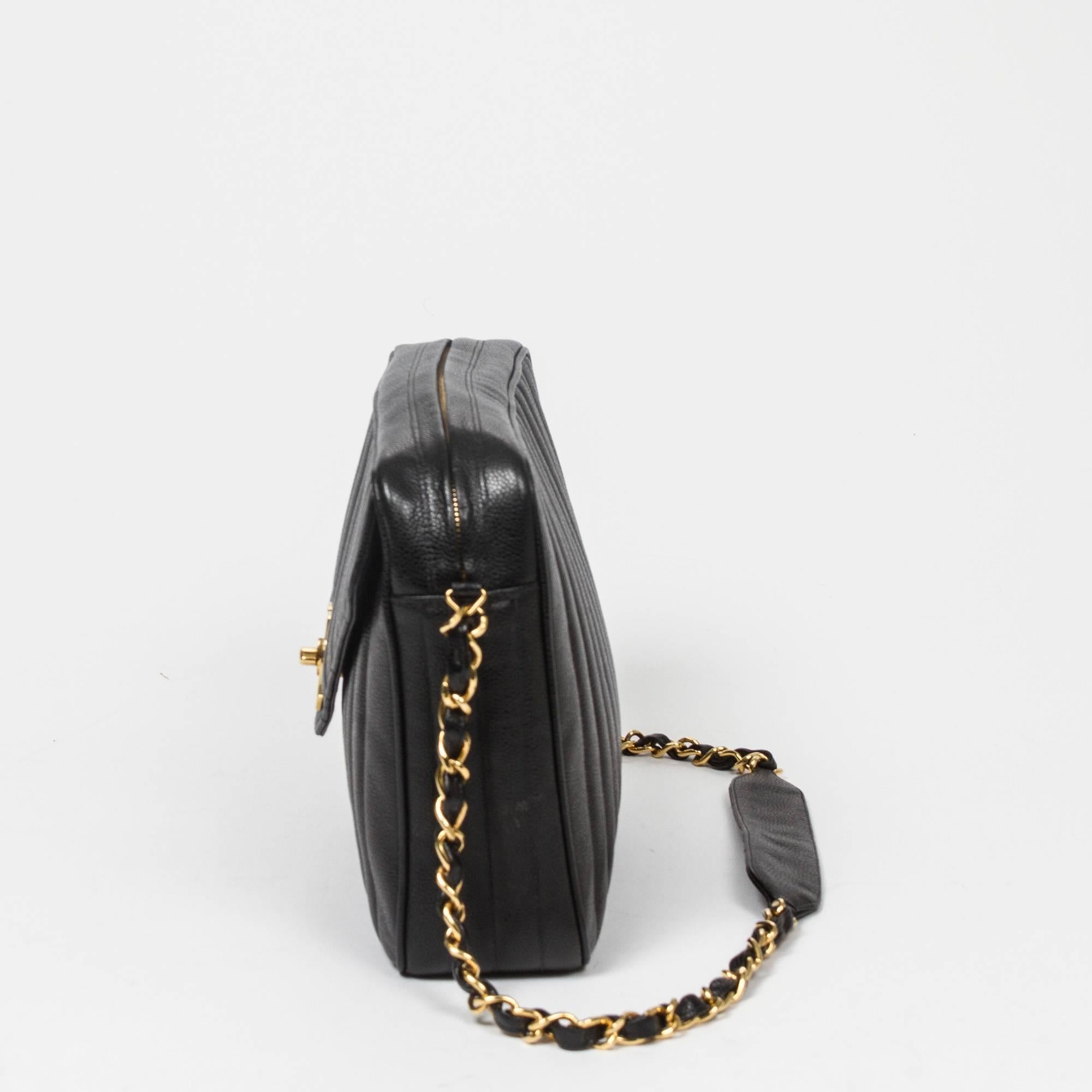 Chanel Zip Shoulder Bag Front Flap Pocket Black Leather  In Excellent Condition In Dublin, IE