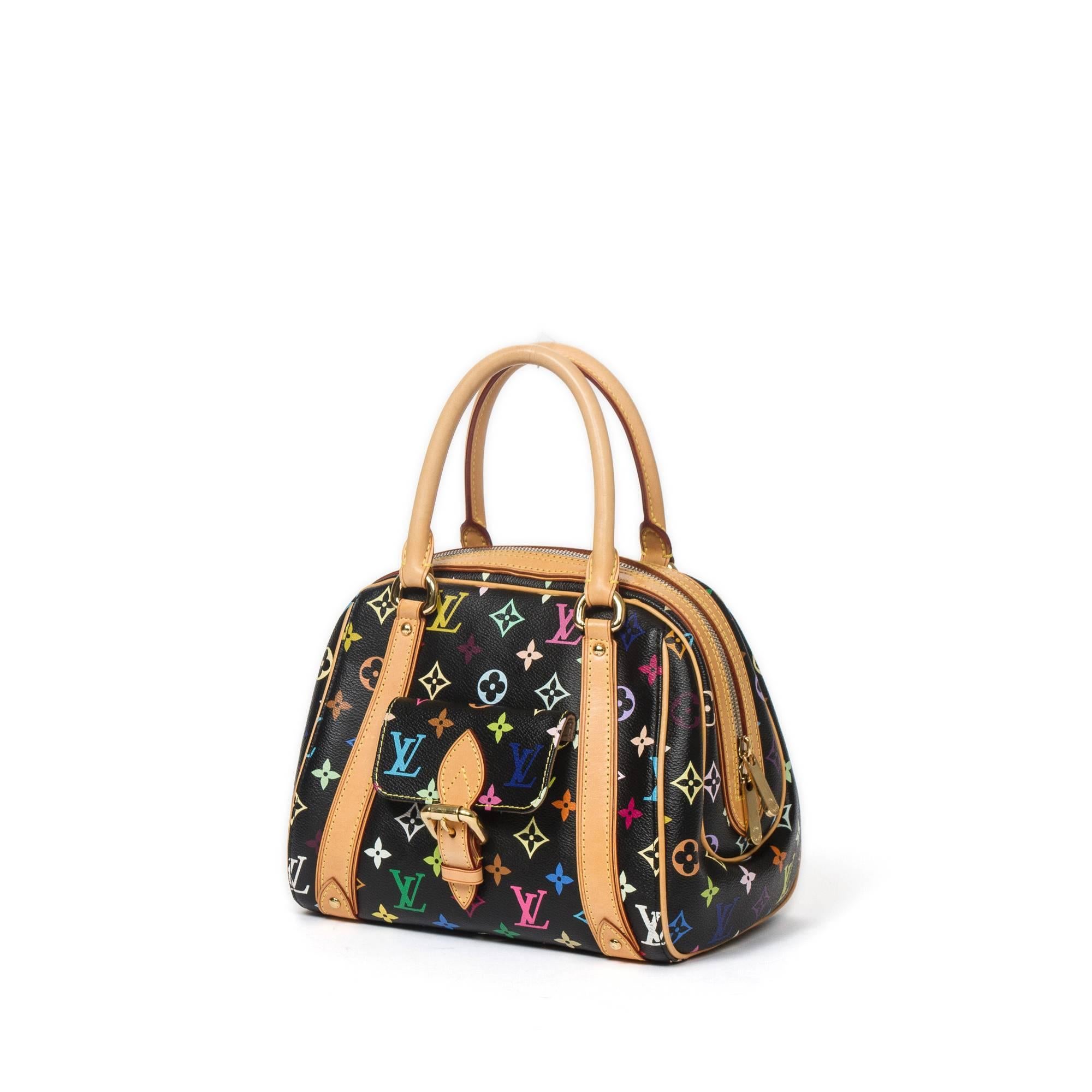 Louis Vuitton Priscilla in black multicolor monogram canvas with vachetta leather handles and golden brass hardware. Dustbag included.
Production code: SP0098. Model from 2008, Slight wear on canvas - nearly invisible. 
Close to mint condition.