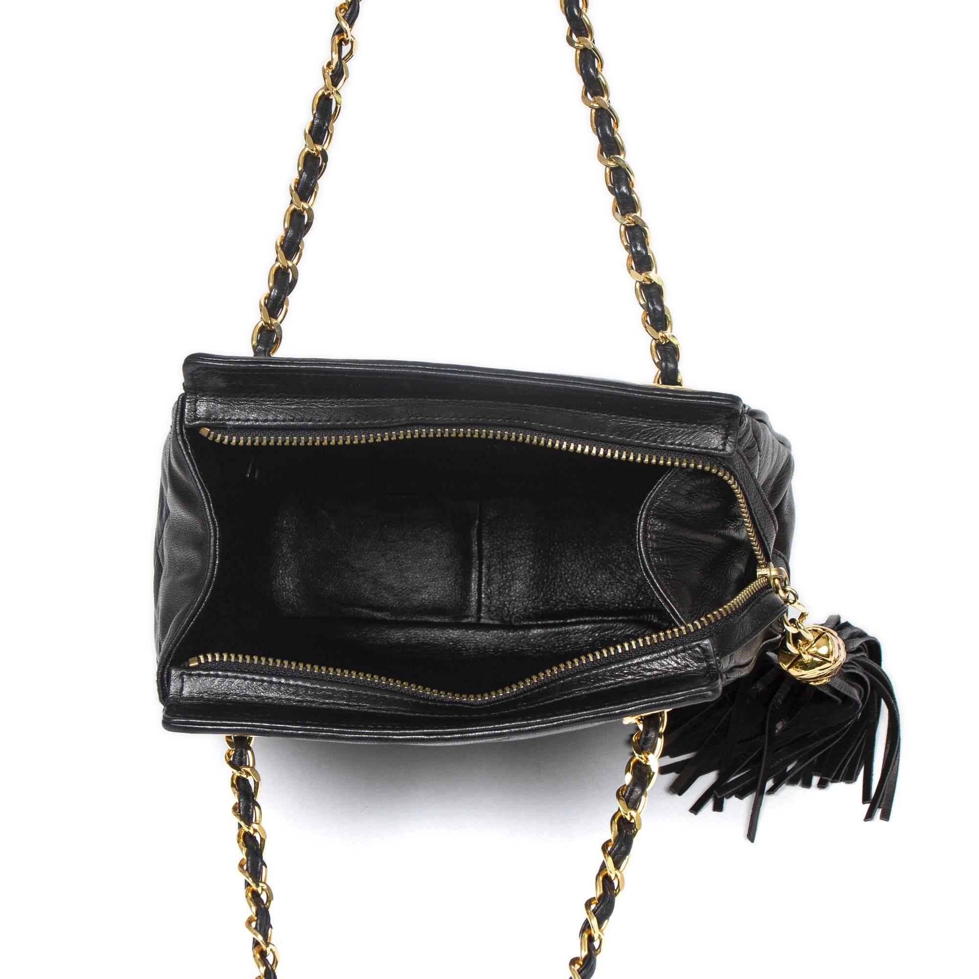 Chanel Fringe Shoulder Bag 21cm Black Large Quilted Leather 2