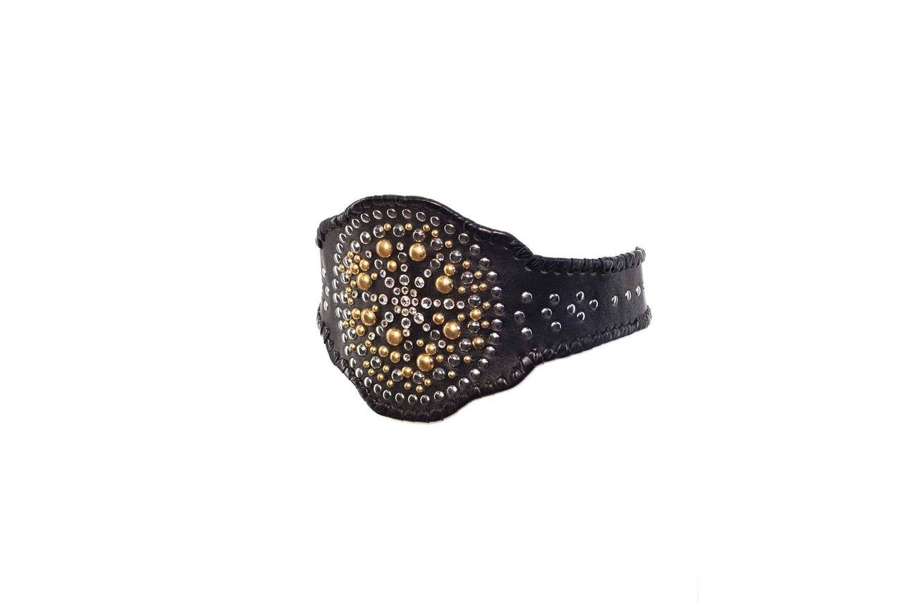 Vintage 80s black leather belt with braided trim and multicolored studs