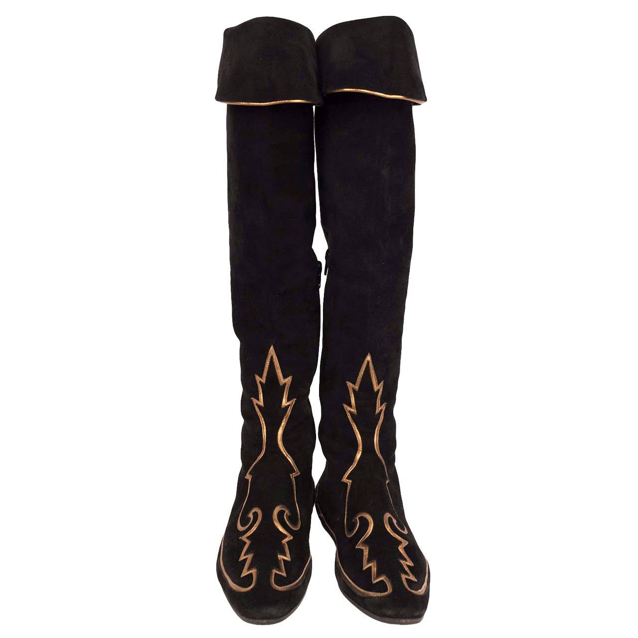 Manolo Blahnik black over-knee suede boots. Boots have gold leather trim on front shoe and around fold over flap at top thigh, pointed toe and flat heel, lined in soft natural leather. Boots have been resoled in front bottom.