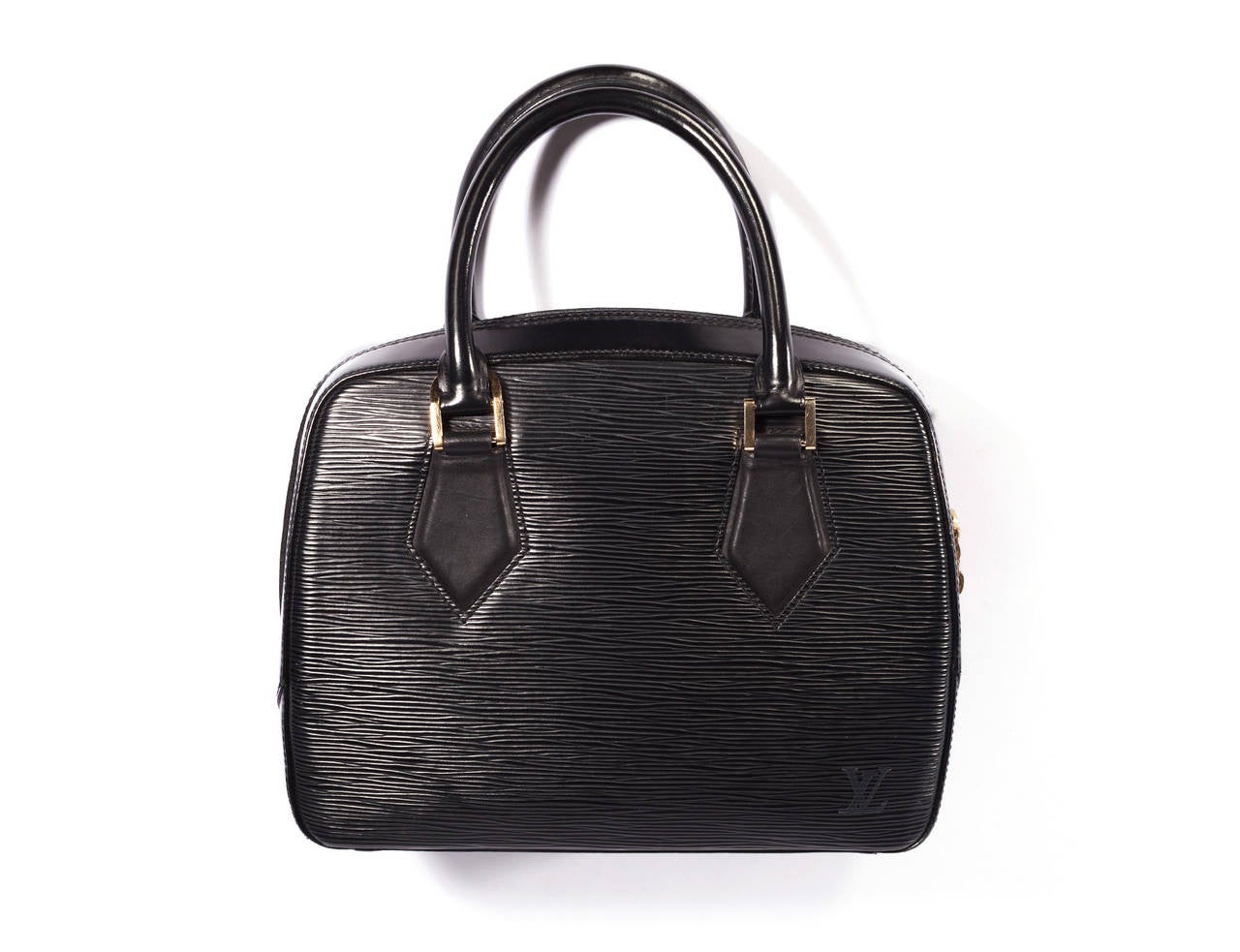 Louis Vuitton Epi Black Speedy shape bag. This bag has an unusual shape and we assume that it is rare. Zipper is in classic gold tone with pull and has grey lining. It has metal extensions for clipping straps, yet no straps available with bag.