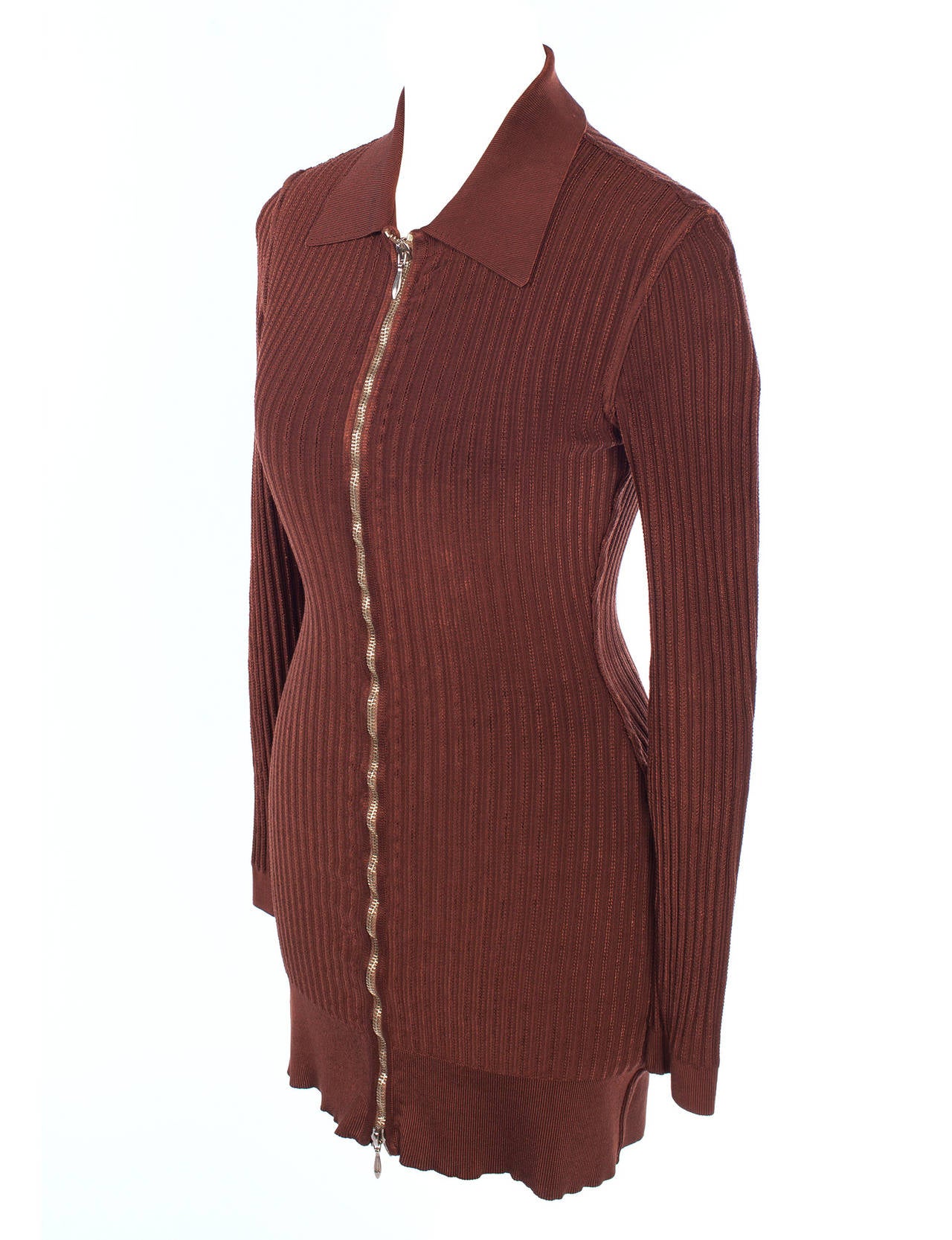Azzedine Alaia knitted dress in brown pointelle knit. Dress is body con style with long sleeves, silver zipper, knitted shirt collar, pure 90's Alaia design.