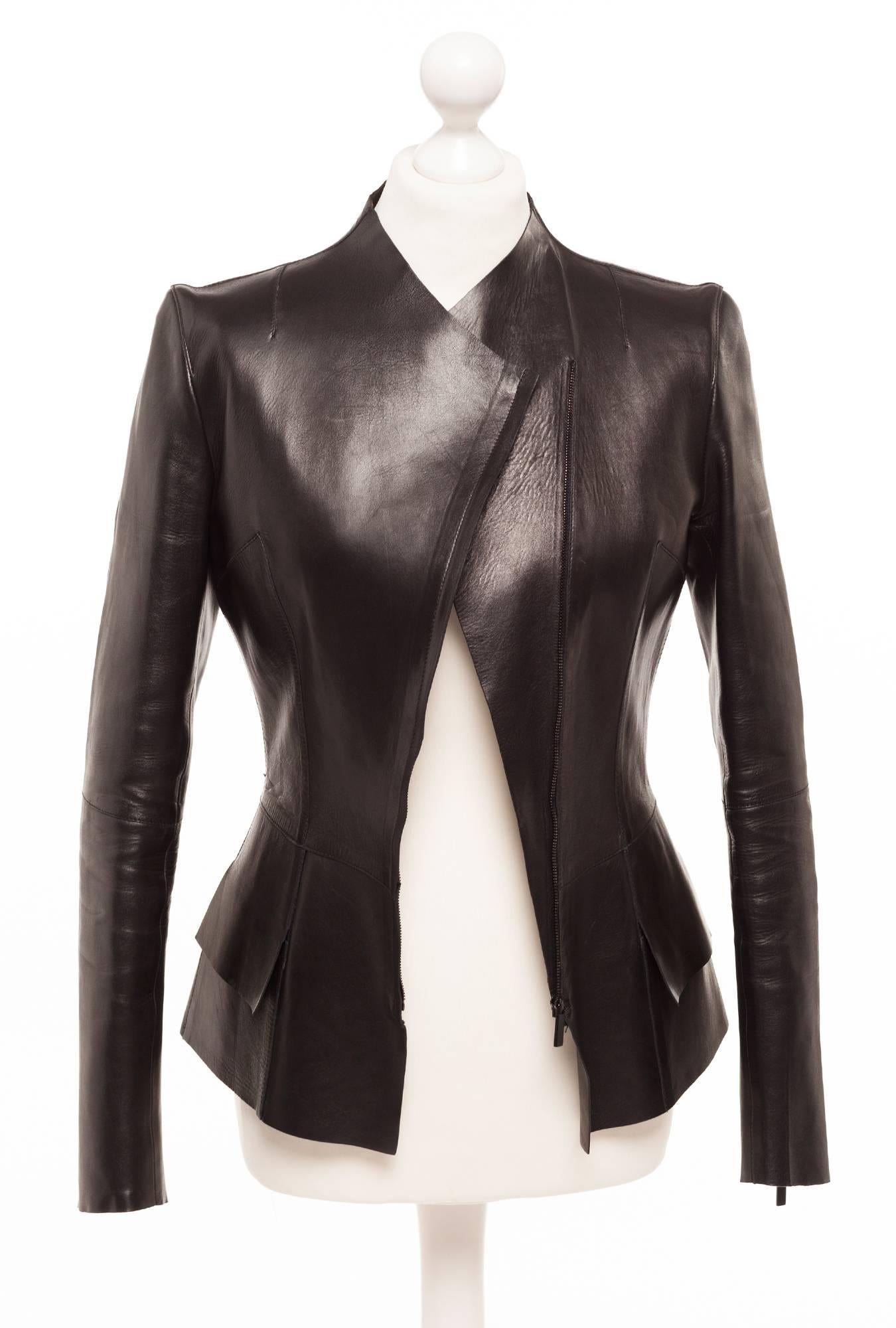 Black Mid 90s Gucci by Tom Ford asymmetrical Leather Blazer, Sz. M