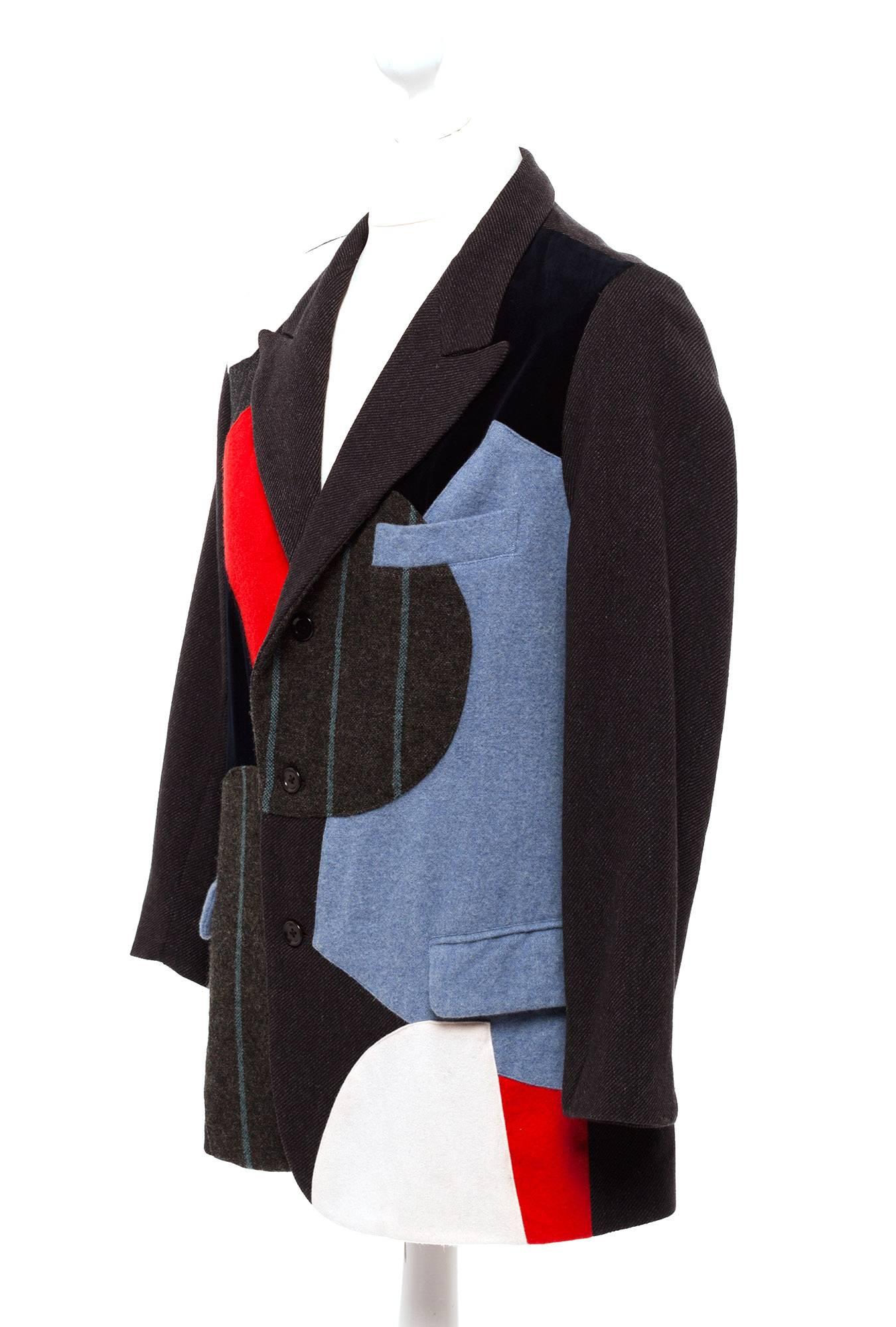 Y's Yohji Yamamoto Patchwork Blazer 90s. Blazer has multiple fabrics and shapes, notched collar, front pockets, half lining.